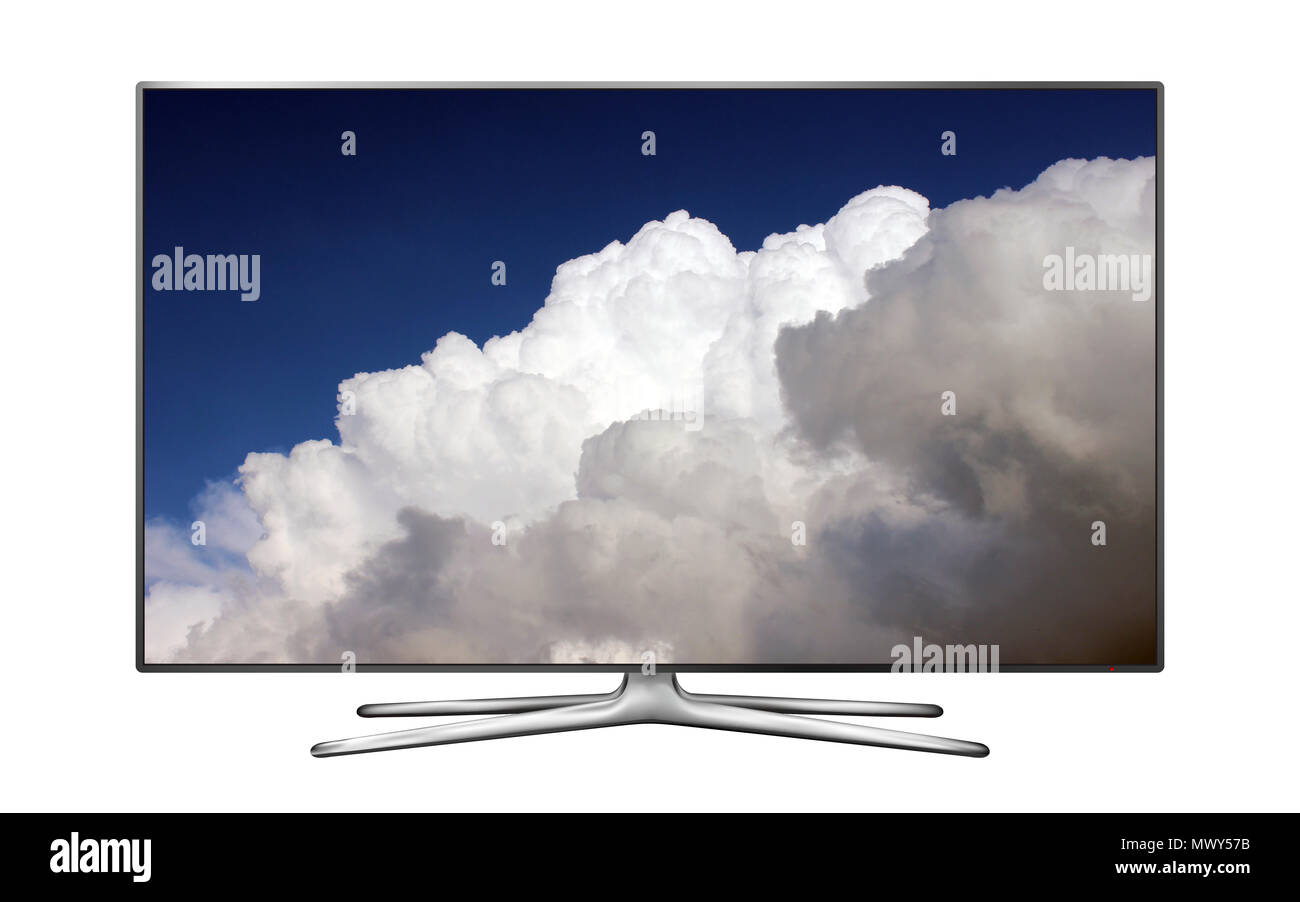 Smart TV auf Weiß mit regnerischen Wolken auf dem Bildschirm isoliert Stockfoto
