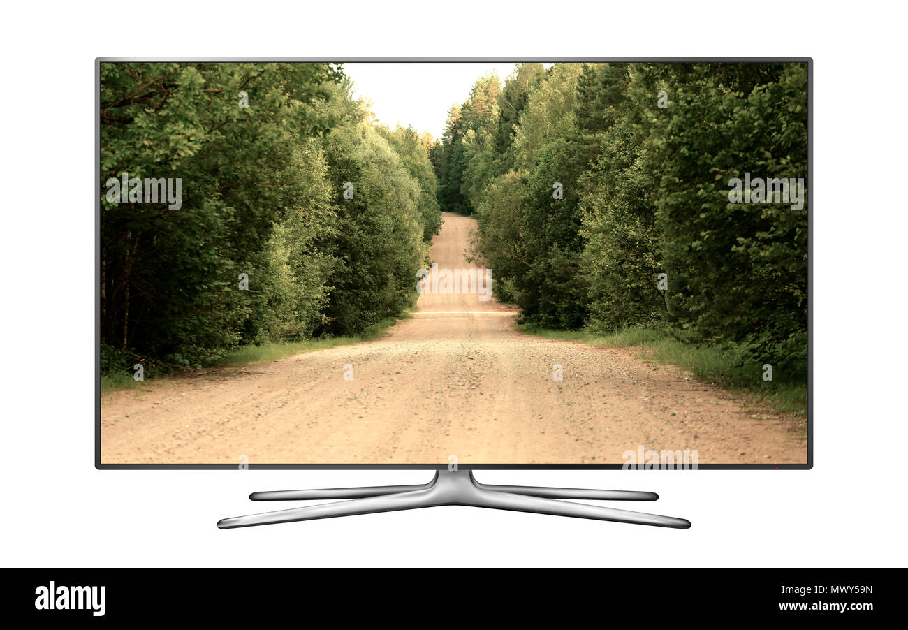 Smart TV isoliert auf Weiss mit Schmutz der Straße auf dem Bildschirm Stockfoto