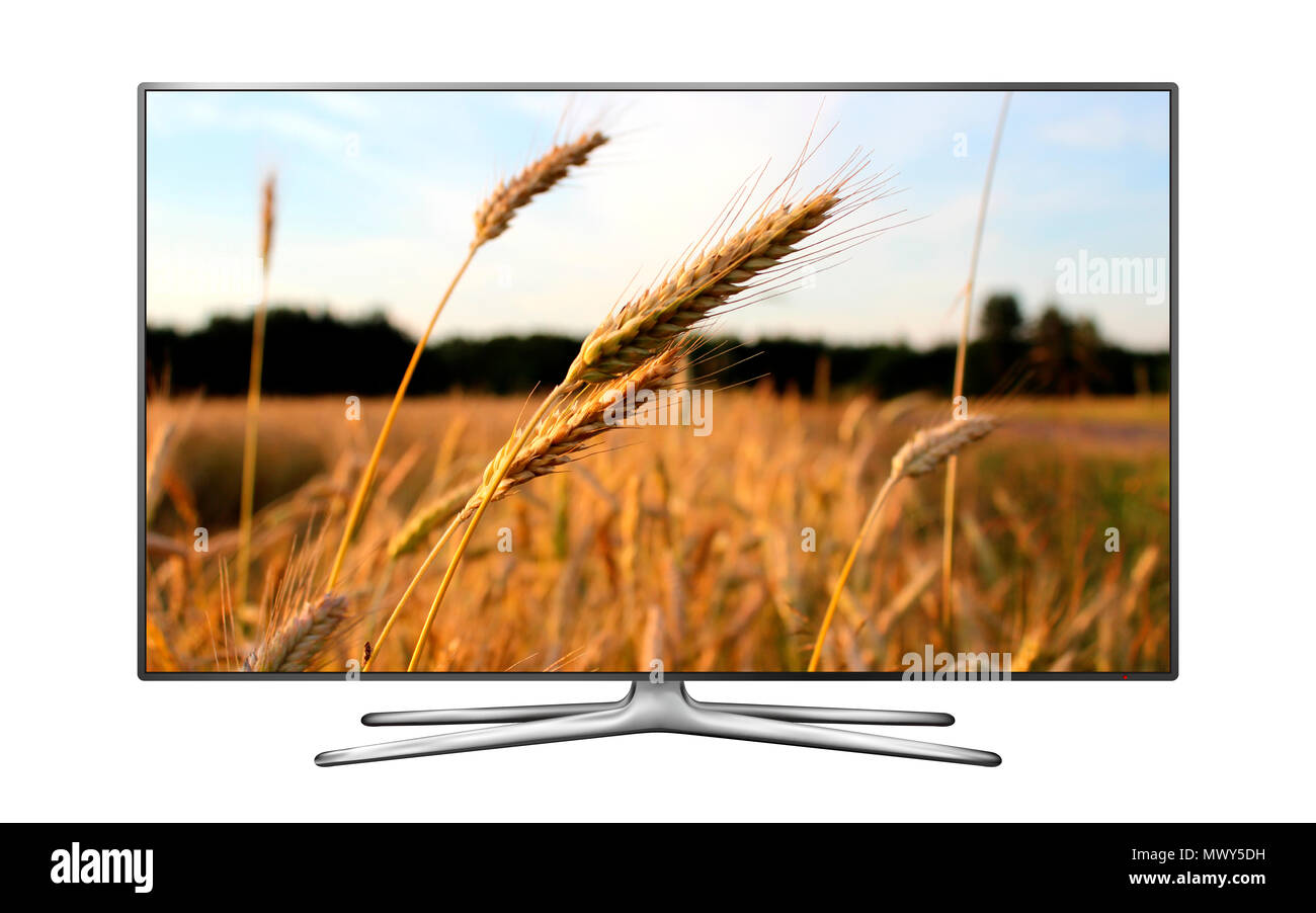 Smart TV auf Weiß mit Weizenfeld isoliert auf dem Bildschirm Stockfoto