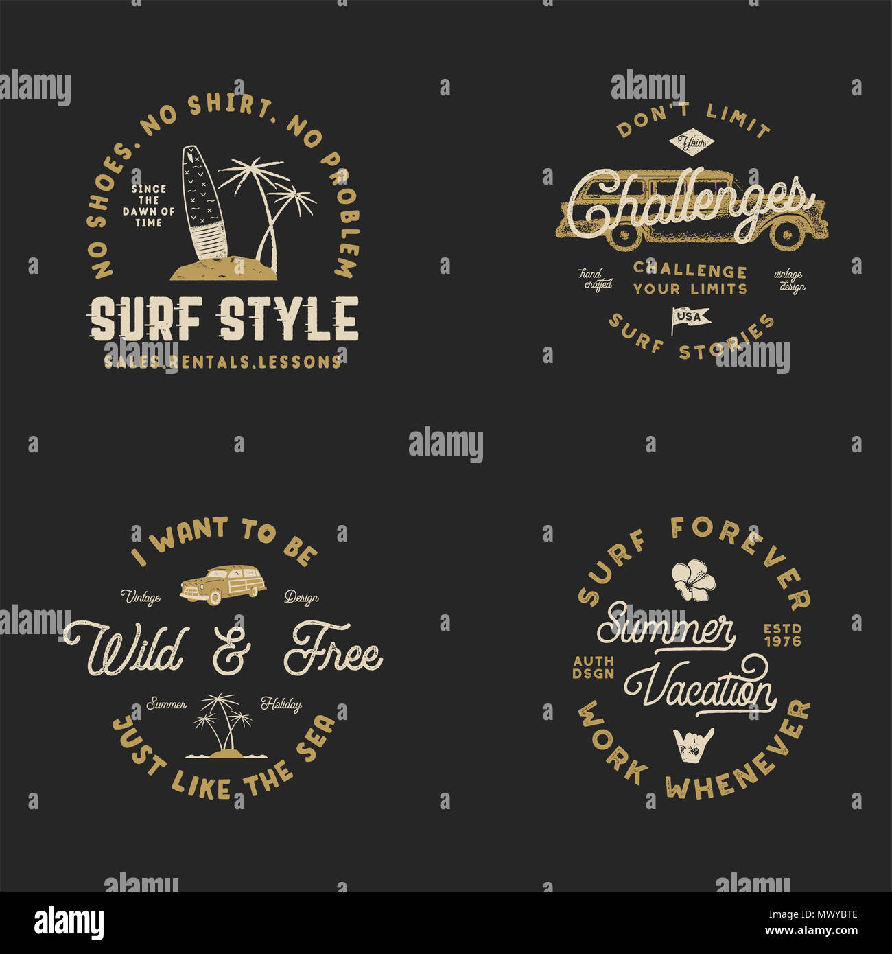 Vntage Hand gezeichnet Surfen Grafiken und Embleme für Web Design oder Drucken. Surfer Logos. Surf-Logo. Sommer surfen logo Typografie insignia Sammlung. Lieferbar hipster Patches isoliert auf Schwarz Stockfoto