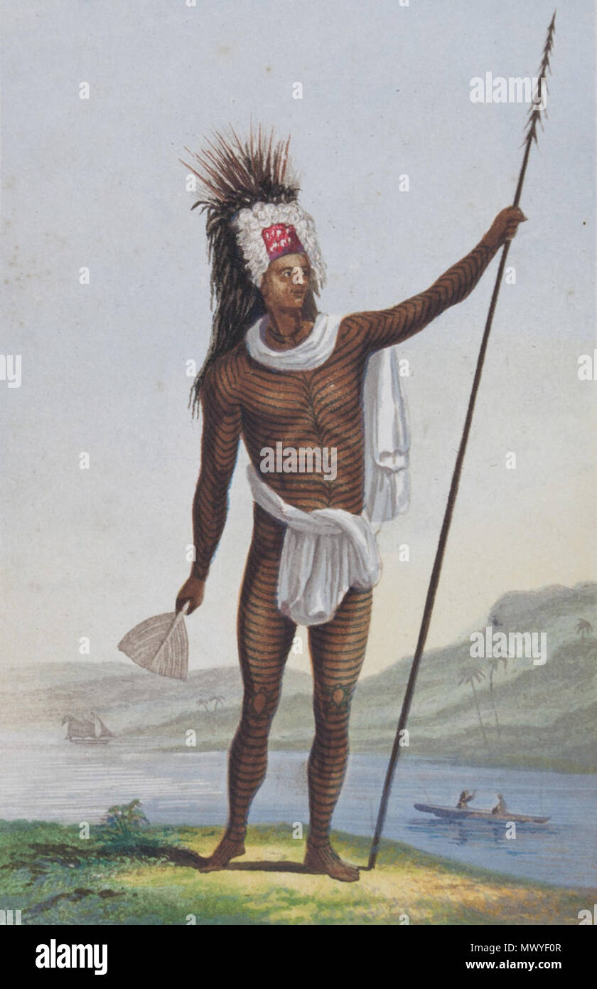 . Englisch: 7/8 Bild von Te Po ein Chief von Rarotonga. Ursprünglich von Pfr. John Williams in "eine Erzählung der Missionarischen Unternehmen in der South Sea Islands', 1837. ca. 1837 veröffentlicht. George Baxter (Drucker) 589 Te Po ein Chief von Rarotonga Stockfoto