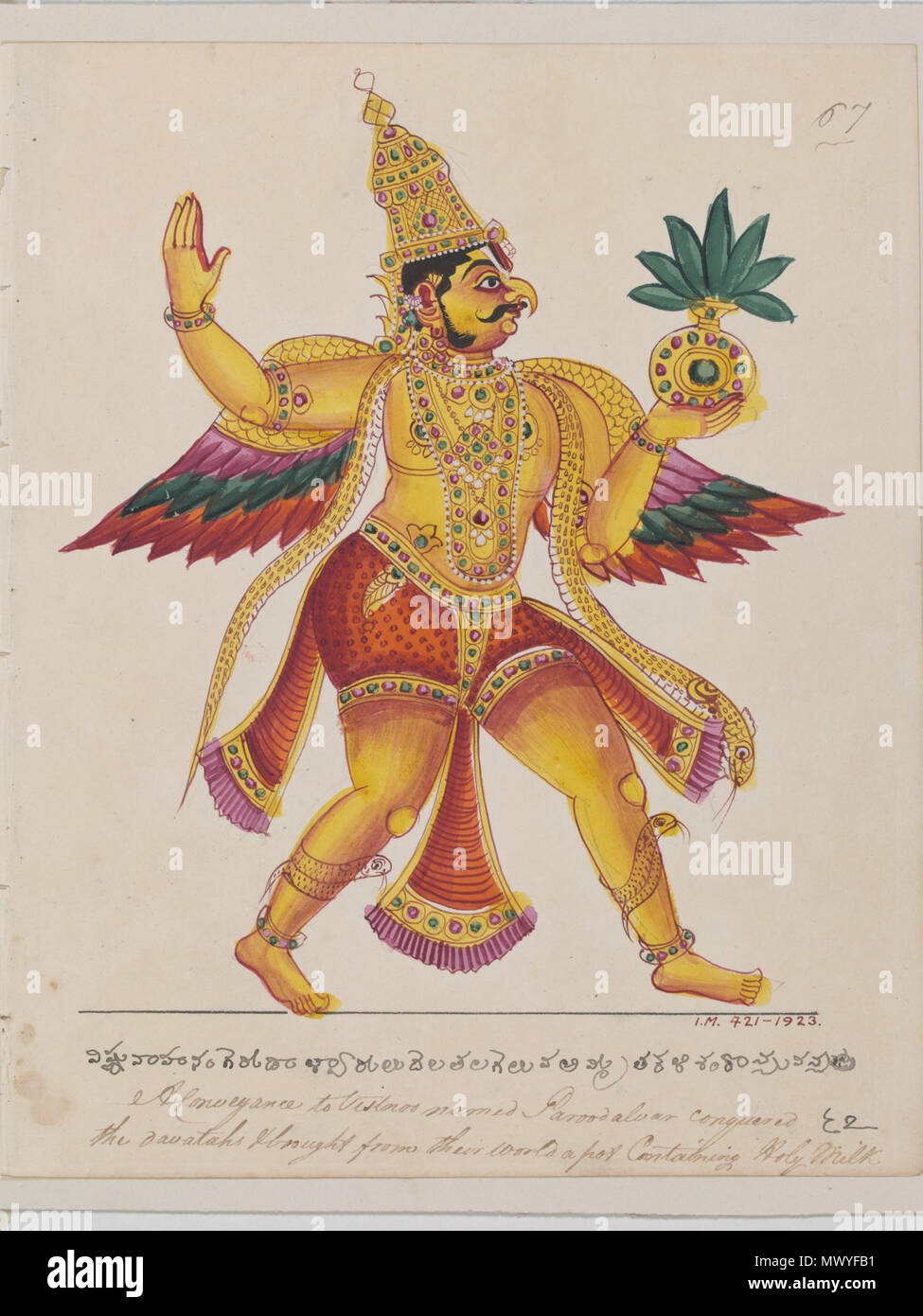 . Englisch: Garuda, die 'vahana' von Vishnu, der Rückkehr mit der Vase von Amrita, die er von den Göttern gestohlen hatte, um seine Mutter aus Kadru, der Mutter der Schlangen zu befreien. Die 'vahana' ist das Tier oder Fahrzeug einer hinduistischen Gott oder Göttin. Aus einer Reihe von 100 Zeichnungen der hinduistischen Gottheiten in Südindien. ca. 1825 erstellt (gemacht). Unbekannt (Produktion) 235 Garuda Rückkehr mit der Vase von Amrita Stockfoto