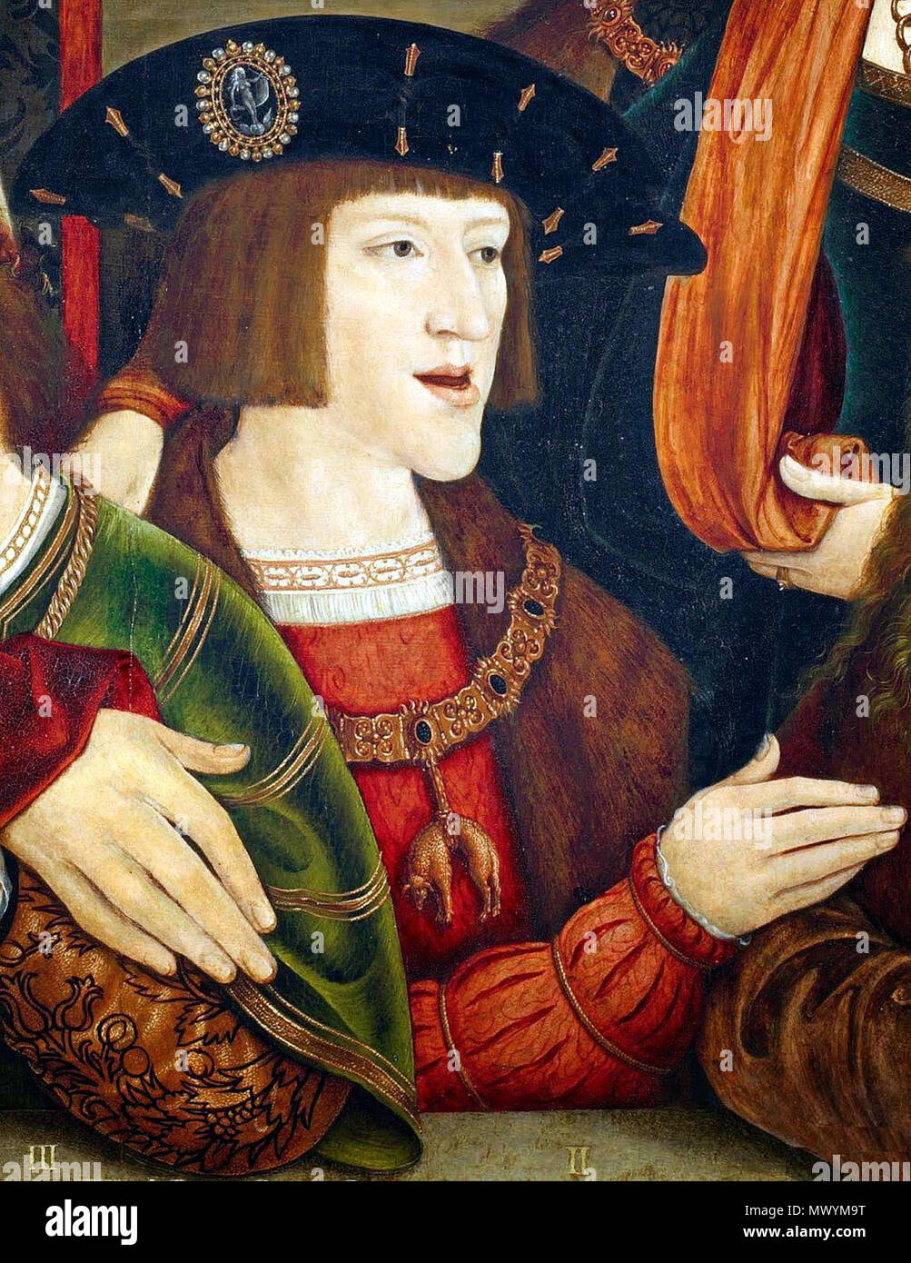 . Nederlands: Detail van een portret van Karel V Tür Bernhard Strigel. Hij schilderde De jonge Vorst met zijn Familie. Karel draagt het Gulden Vlies. . 1 Mai 2015, 18:45:48 82 Bernhard Strigel Karel im Jahr 1516 Stockfoto