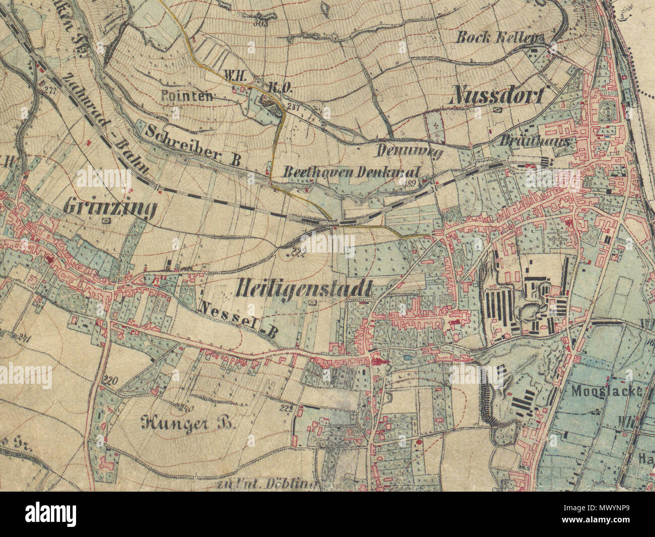 . Englisch: Karte von Heiligenstadt in der Nähe von Wien, 1872 English: Ausschnitt aus historischer Landkarte: Gradkartenblatt Zone 12Colonne XV Abschnitt c3 (als 4657/3. c). Wien Floridsdorf, Strebersdorf, Heiligenstadt, Bisamberg. Franzisco-Josephinische (3.) Landesaufnahme der österreichisch-ungarischen Monarchie. Aufnahmeblatt 1:12.500. Aufgenommen 1872 Aufnahmeblatt 1:12.500. Aufgenommen 1872. ca. 1872. Österreichisch-Ungarische Monarchie, Militärgeographisches Institut 356 LA 3 1872 Heiligenstadt Stockfoto