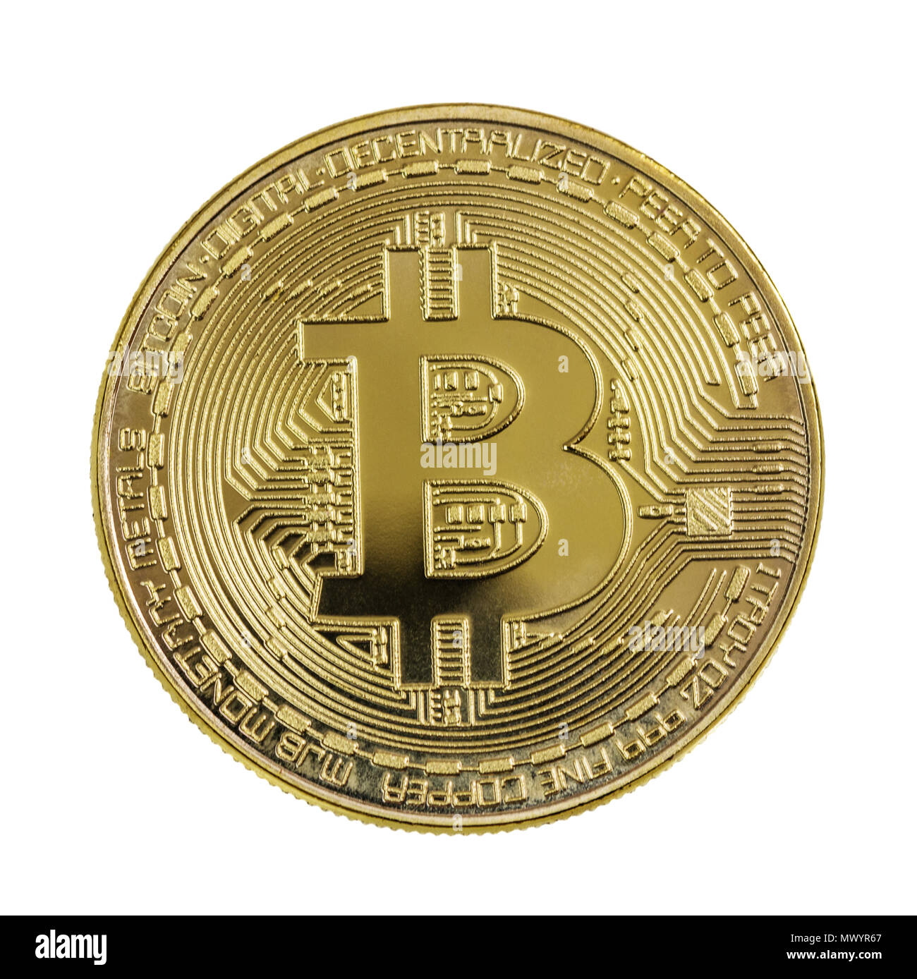 Symbolische goldene Medaille der bitcoin crypto Währung, neue digitale Geld in cyber Welt, auf weißem Hintergrund Stockfoto