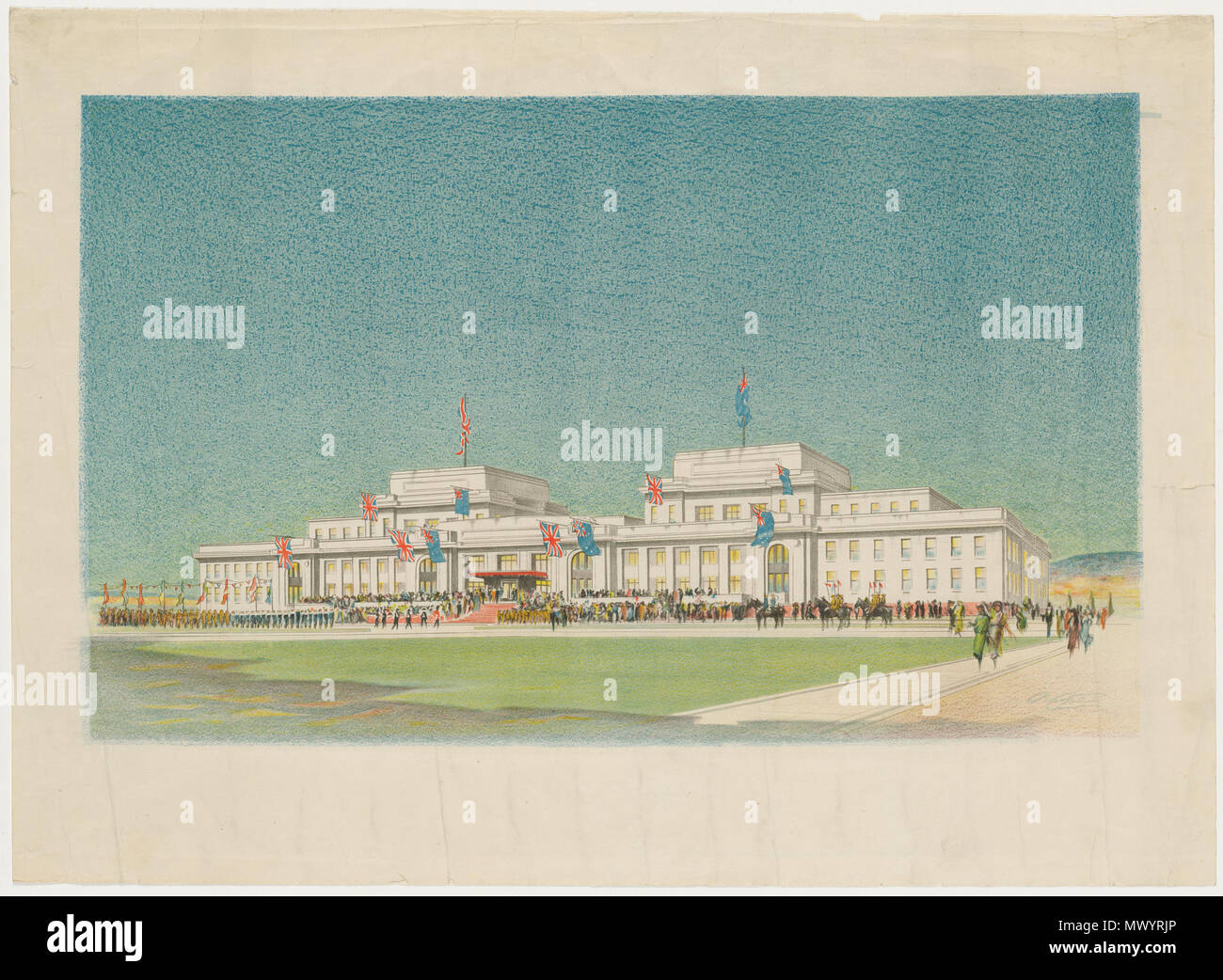 . Englisch: Commemorative Bild: die Eröffnung der ersten Commonwealth Parlament in Canberra, am 9. Mai 1927, von Seiner Königlichen Hoheit, dem Herzog von York, Lithographie von Offsetdruck, der Firma gedruckt. Mit freundlicher Genehmigung von die Staatsbibliothek von New South Wales, Sydney. 12. Oktober 1927. Unbekannt 455 Old Parliament House öffnen Stockfoto