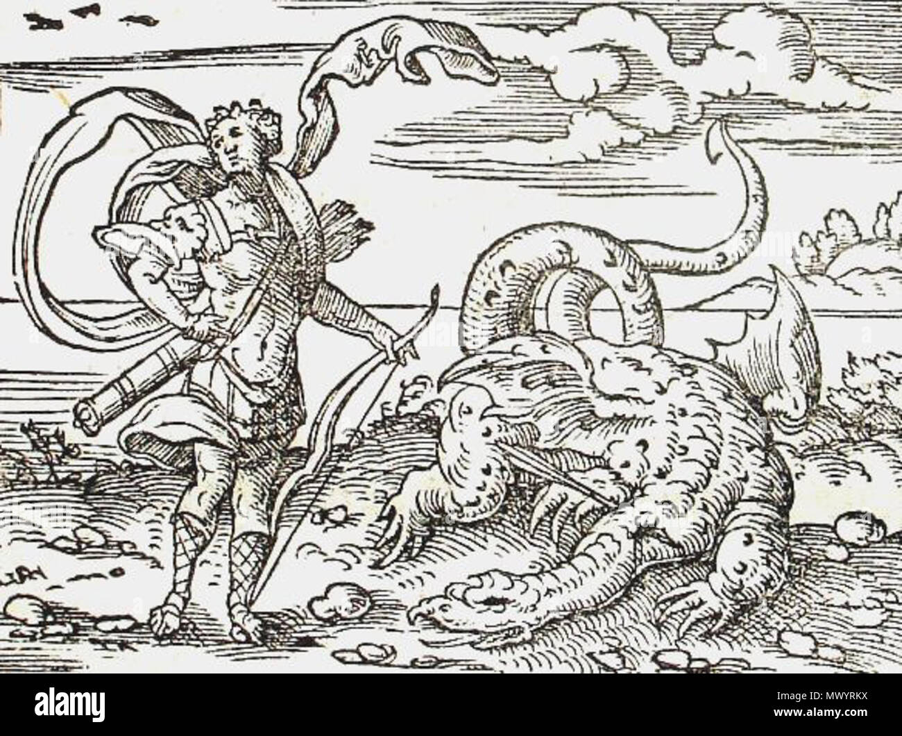 . Englisch: Apollo tötet Python. Gravur von Virgil Solis für Ovids Metamorphosen Buch I, 435-451. Fol. 9 r, Bild 12. Français: Apollon et Python. Tiefdruck de Virgil Solis pour les métamorphoses d'Ovid, livre I, 435-451. Folio 9r, Bild 12. 17 Juli 2010, 13:52 (UTC). Virgil Solis - Apollo Python.jpg: Scan von Hans-Jürgen Günther abgeleitete Arbeit: alagos (Talk) 53 Apollo dan Pithon Stockfoto