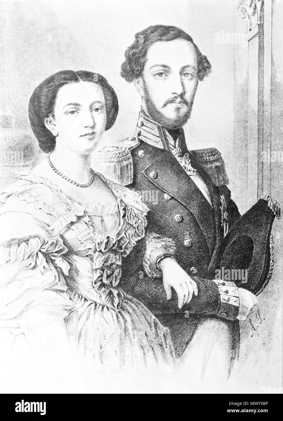 . Englisch: Prince Oscar (später Oscar II) von Schweden und seine Frau, Sofia von Nassau. Zeitgenössische Gravur. Svenska: Prins Oscar (sedermera Oscar II.) och Hans tillkommande, Sofia av-Nassau. Samtida gravyr. 19. Unbekannt 502 Prins Oscar och Hans tillkommande Stockfoto