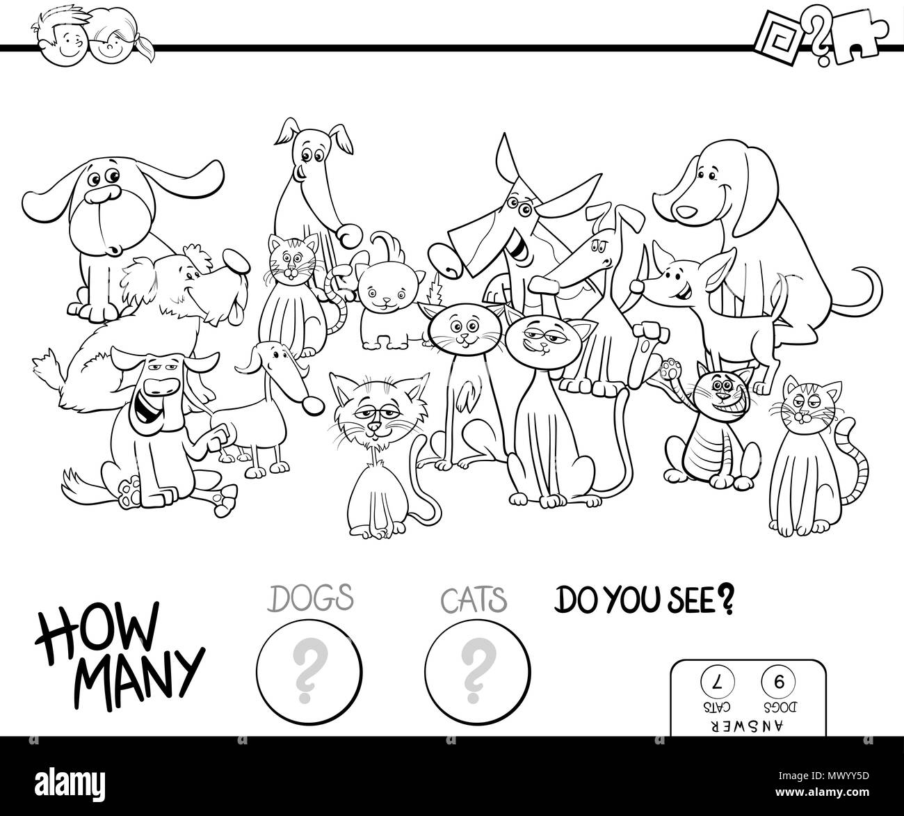 Schwarze Und Weisse Cartoon Illustration Von Bildungseinrichtungen Zahlen Spiel Fur Kinder Mit Katzen Und Hunde Haustier Tiere Lustige Figuren Gruppe Malbuch Stock Vektorgrafik Alamy