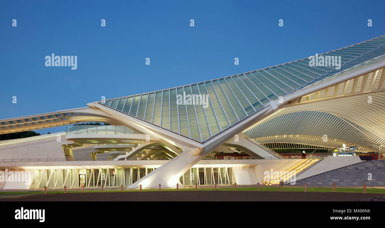 Blick auf Glasdach und der Zugang zu den Bahnsteigen Fahrtreppen in Lüttich Bahnhof Guillemins. Architekt: Santiago Calatrava. Stockfoto