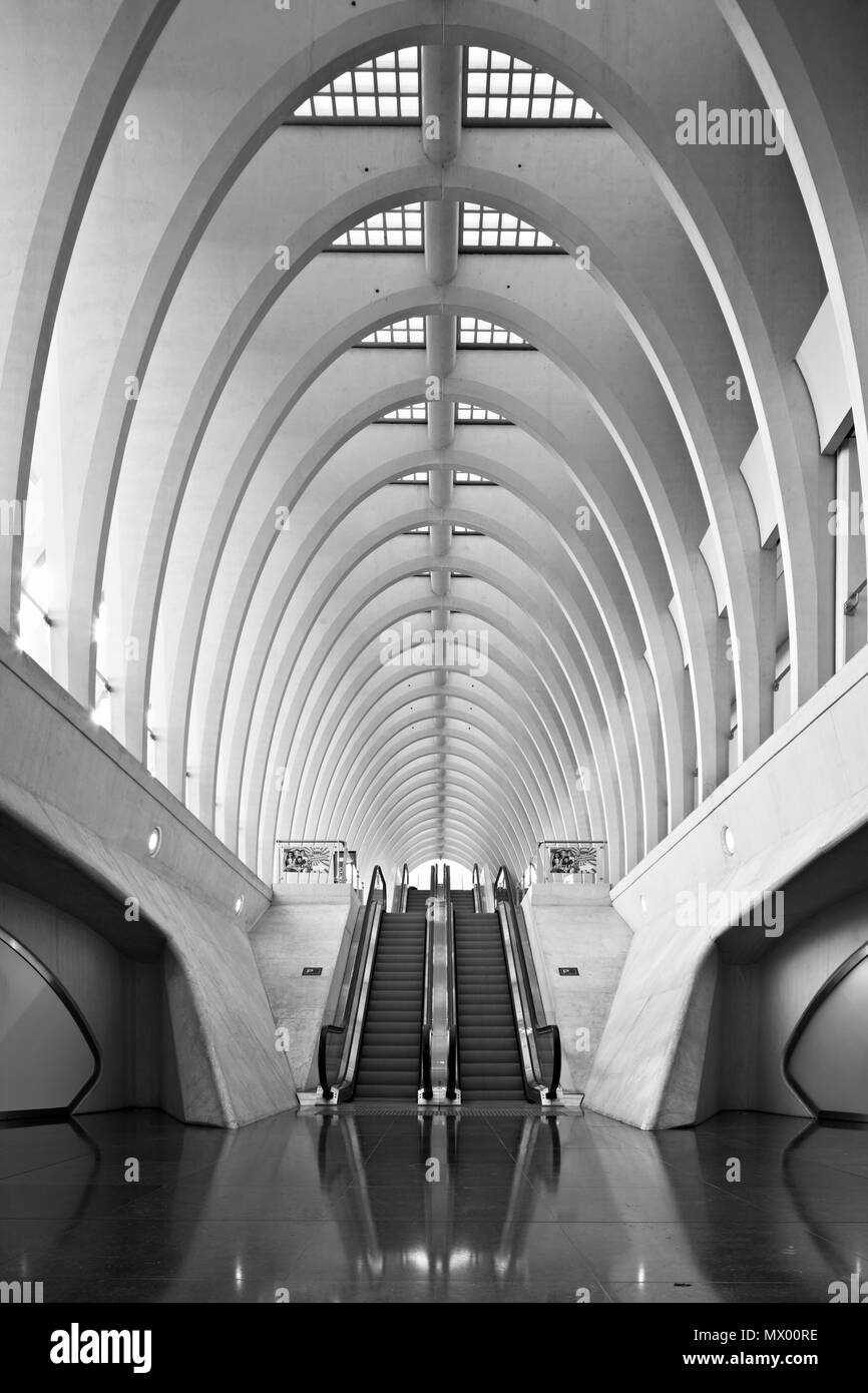 Lüttich Bahnhof Guillemins Erdgeschoss mit den Rolltreppen zu den Büros und Ausstellungsräume und Zugang zum Parkhaus auf der ersten Ebene. Stockfoto
