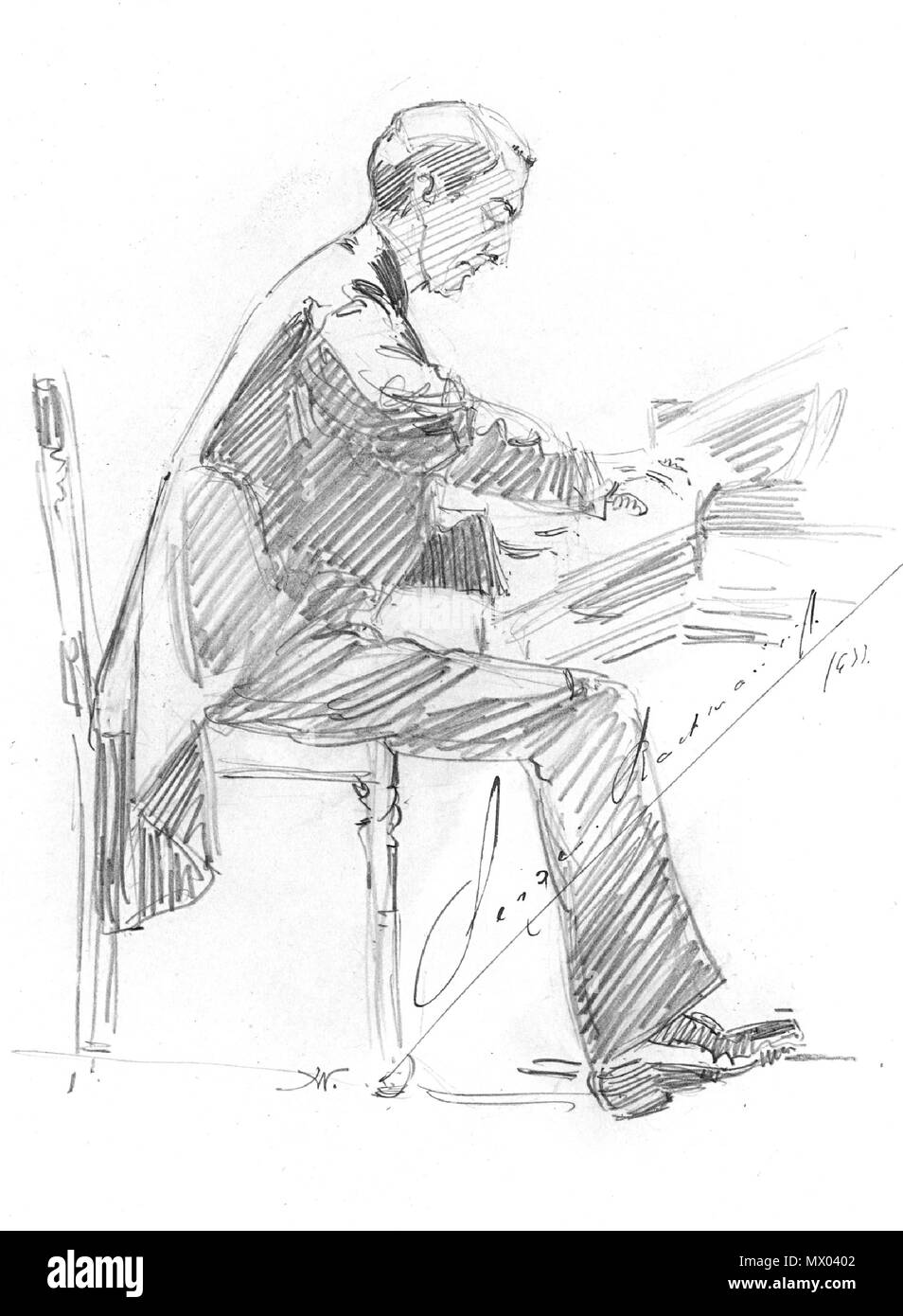. Englisch: Sergej Rachmaninow adie Palais de Beaux Arts in Brüssel, 3. Mai 1933 Bleistift auf Papier 22,8 x 16,8 cm signiert l. c.: H.w. von Performer c r unterzeichnet.: Sergei Rachmaninoff/1933 vom 3. Mai 1933. 3. Mai 1933. Hilda Wiener (1877-1940) 553 Sergej Rachmaninow von Hilda Wiener Stockfoto