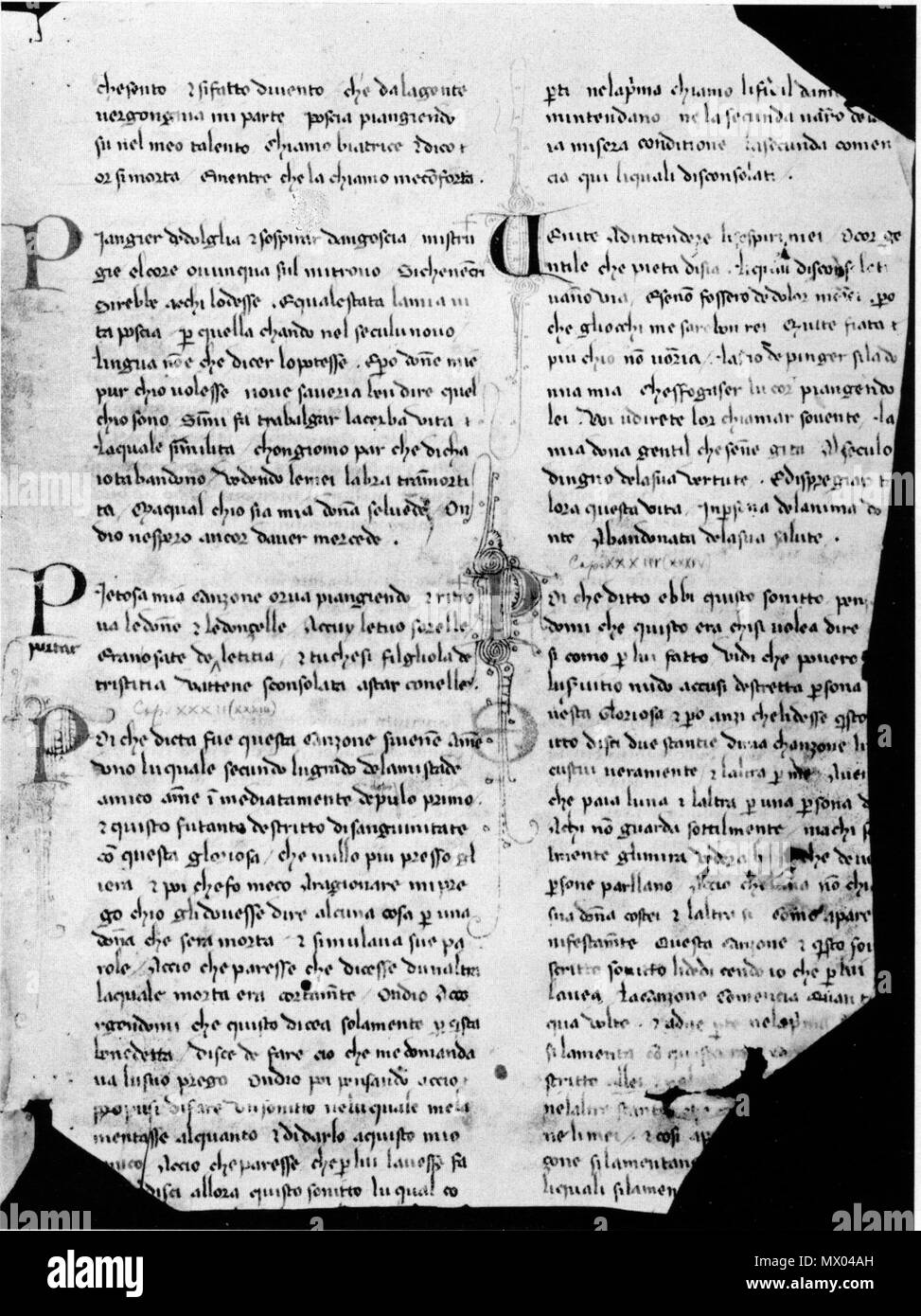 . Englisch: Dante, La Vita Nuova XXXI 14 - Xxxiii 4, in einem der frühesten Manuskripten. Trespiano (Florenz), Carmelo di S. Maria degli Angeli, Fragment ohne Signatur, fol. 2 r. English: Dante, Vita Nuova XXXI 14 - Xxxiii 4, in einer der ältesten Handschriften: trespiano (Florenz), Carmelo di S. Maria degli Angeli, Fragment ohne Signatur, fol. 2 r. Vermutlich im zweiten Quartal des 14. Jahrhunderts. Dante 153 Dante, Vita Nuova, Trespiano Stockfoto