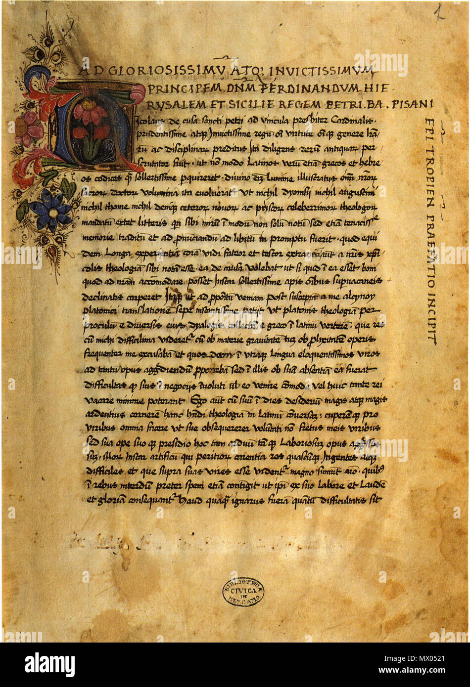 . Englisch: Pietro Balbi, Engagement Brief an König Ferdinand I. von Neapel auf Latein Balbi Übersetzung des Proklos, Theologia Platonica, in ms an. Bergamo, Biblioteca Civica Angelo Mai, MA 490, fol. 1 r. English: Pietro Balbi, Widmungsbrief ein König Ferdinand I. von Neapel zu Thunfischwadenfänger lateinischen Übersetzung von Proklos, Theologia Platonica, in der Handschrift Bergamo, Biblioteca Civica Angelo Mai, MA 490, fol. 1 r. 15. Jahrhundert. 484 Pietro Pietro Balbi Balbi, Brief, Bergamo, Frau MA 490 Stockfoto