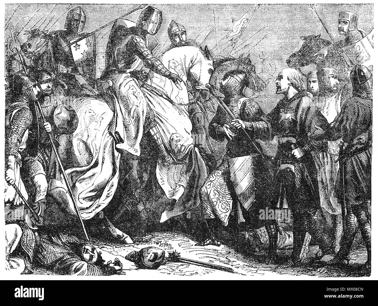 Der Schlacht von Lewes in Sussex am 14. Mai 1264 wurde eines der beiden wichtigsten Schlachten des Zweiten Barons' Krieg und markiert den Höhepunkt der Karriere von Simon de Montfort, 6 Graf von Leicester zu machen, damit sie ihn "ungekrönte König von England". Heinrich III. nach links, um die Sicherheit von Lewes Schloss der Freiherren zum Kampf und war anfangs erfolgreich, sein Sohn Prince Edward routing Teil der fürstlichen Armee mit der Kavallerie. Edward jagte sie und Links Henry's Männer ausgesetzt sind. Die royalisten flohen zurück zum Schloss und der König war gezwungen, die Inszenierung von Lewes zu unterzeichnen, die Zedenten Befugnisse Montfort. Stockfoto