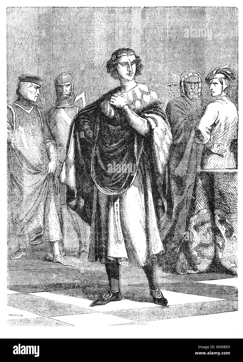 Ein Porträt von Piers Gaveston, 1. Earl von Cornwall (1284-1312) war ein englischer Edelmann von Gascon Herkunft, und der Liebling von König Edward II. von England. In jungen Jahren machte er einen guten Eindruck auf König Edward I "longshanks", und wurde der Haushalt der Sohn des Königs, Edward von Caernarfon zugeordnet. Befangenheit des Prinzen für Gaveston war so extravagant, dass Edward I der Favorit ins Exil geschickt, aber er war ein paar Monate später erinnerte, nach dem Tode des Königs führte zu den Beitritt der Prinz Edward II. Edward, der Grafschaft Cornwall auf Gaveston verliehen und arrangiert für ihn nie zu heiraten Stockfoto