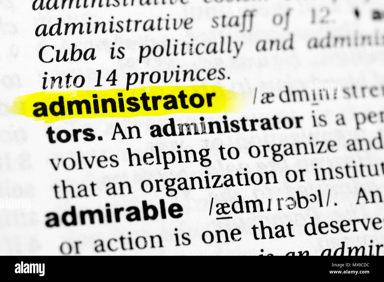 Markierten englische Wort 'Administrator' und seine Definition im Wörterbuch. Stockfoto