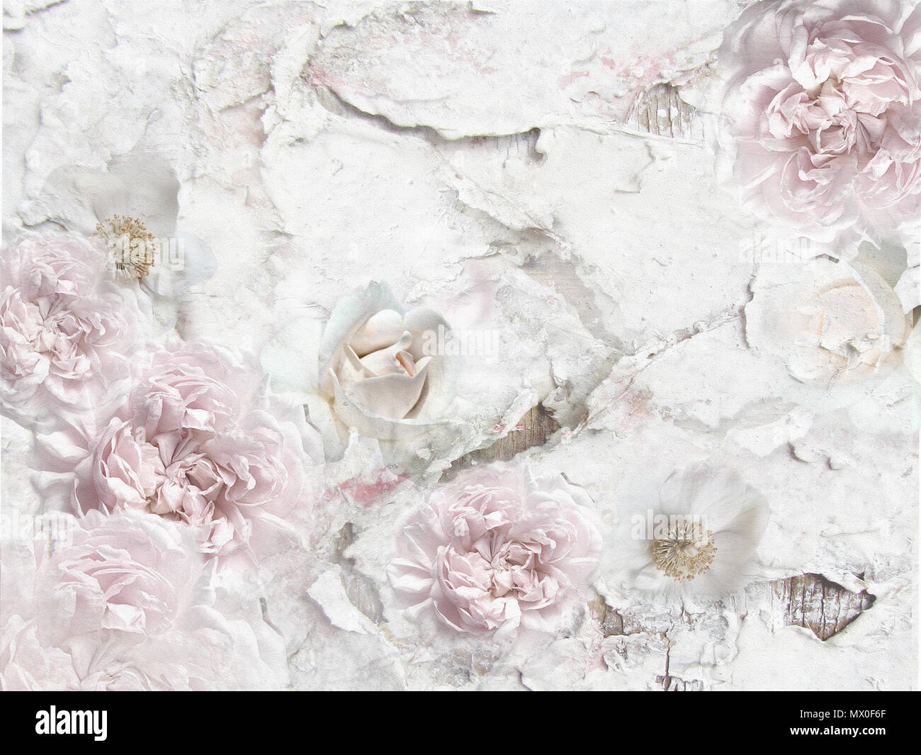 Pfingstrosen und Rosen auf Risse an der Wand. Vintage Blumenmuster rough-Hintergrund. Grunge Design. Blumen dekorativ Rahmung mit Platz für Text. Stockfoto
