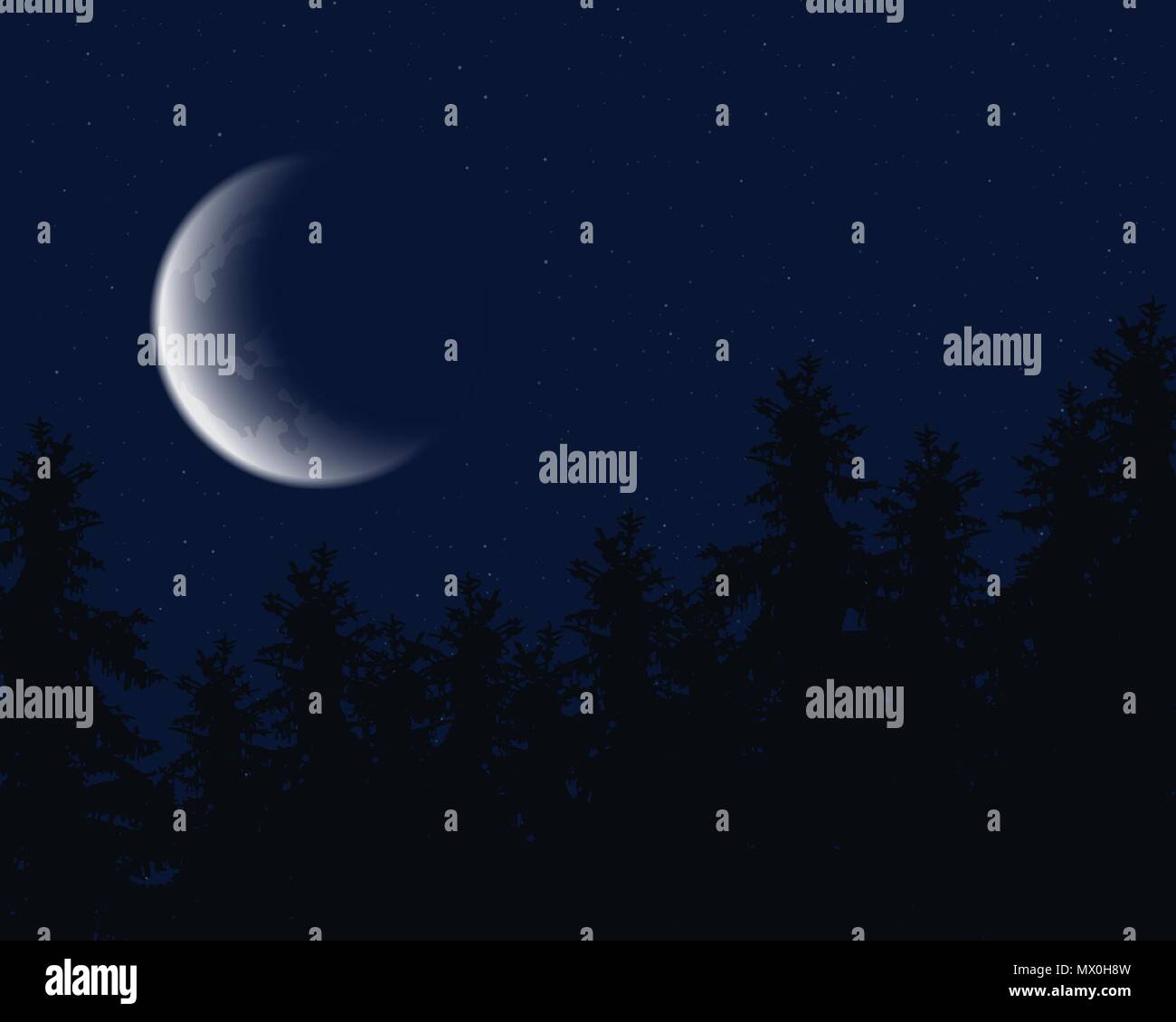 Nachthimmel mit Sternen und Mond über Gipfel der Nadelbäume - Vektor Stock Vektor