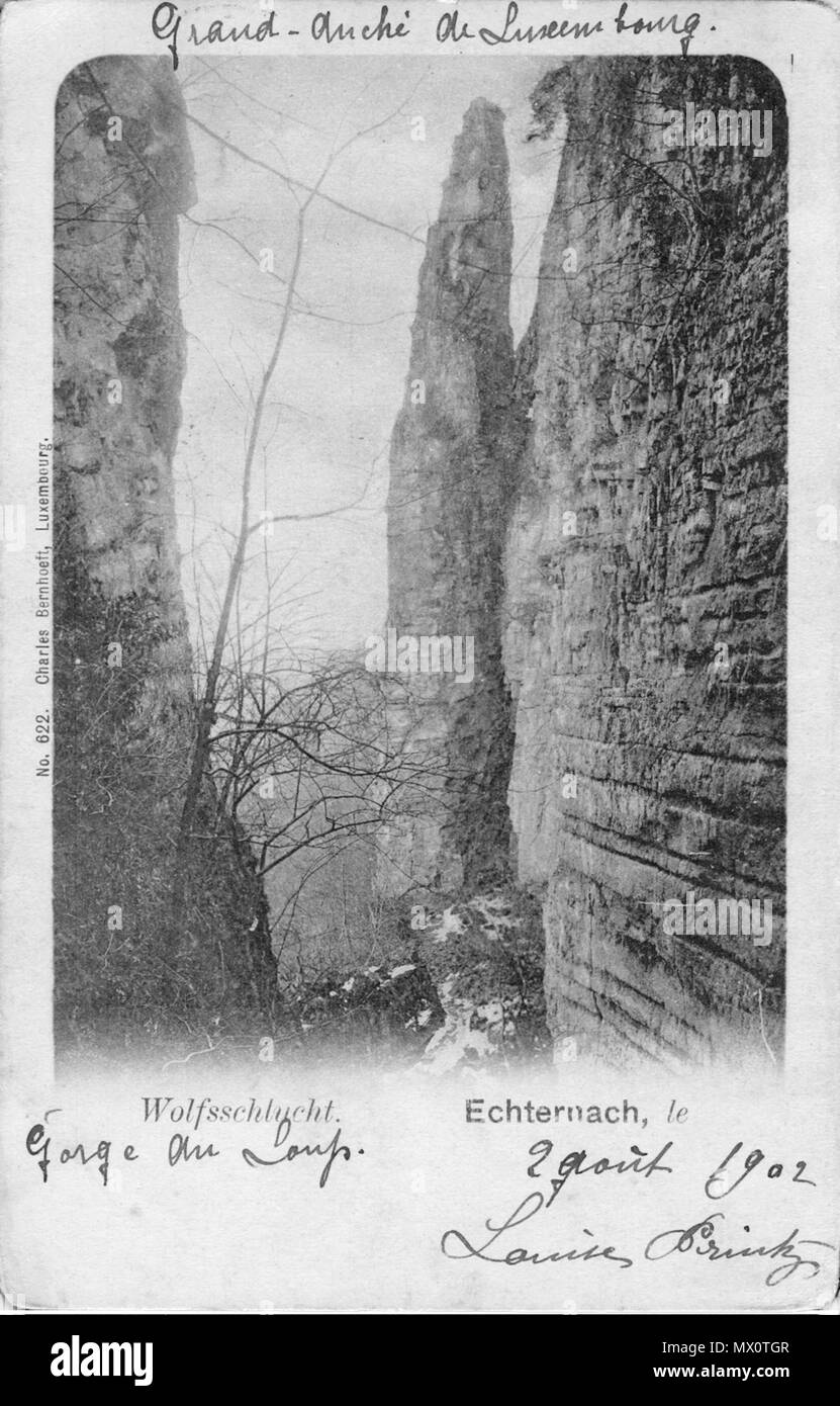 . Lëtzebuergesch: Wolfsschlucht. Gorge du Loup. Echternach (Luxemburg). Alte Postkarte. Charles Bernhoeft, Luxemburg, Nr. 622., die vor dem 2. August 1902 30. April 2011 (original Upload Datum). Charles Bernhoeft (1859 - 1933) Beschreibung Luxemburgisch Fotograf Geburtsdatum / Tod 22. Juli 1859 vom 7. Februar 1933 Ort der Geburt / Todes Luxemburg (Stadt) Beggen Authority control: Q 2958550 VIAF: 37728751 ISNI: 0000 0000 3565 4902 LCCN: n 2008058741 GND: 119533111 SUDOC: 187916942 WorldCat 250 Schlucht loup Echternach 08 1902 Stockfoto