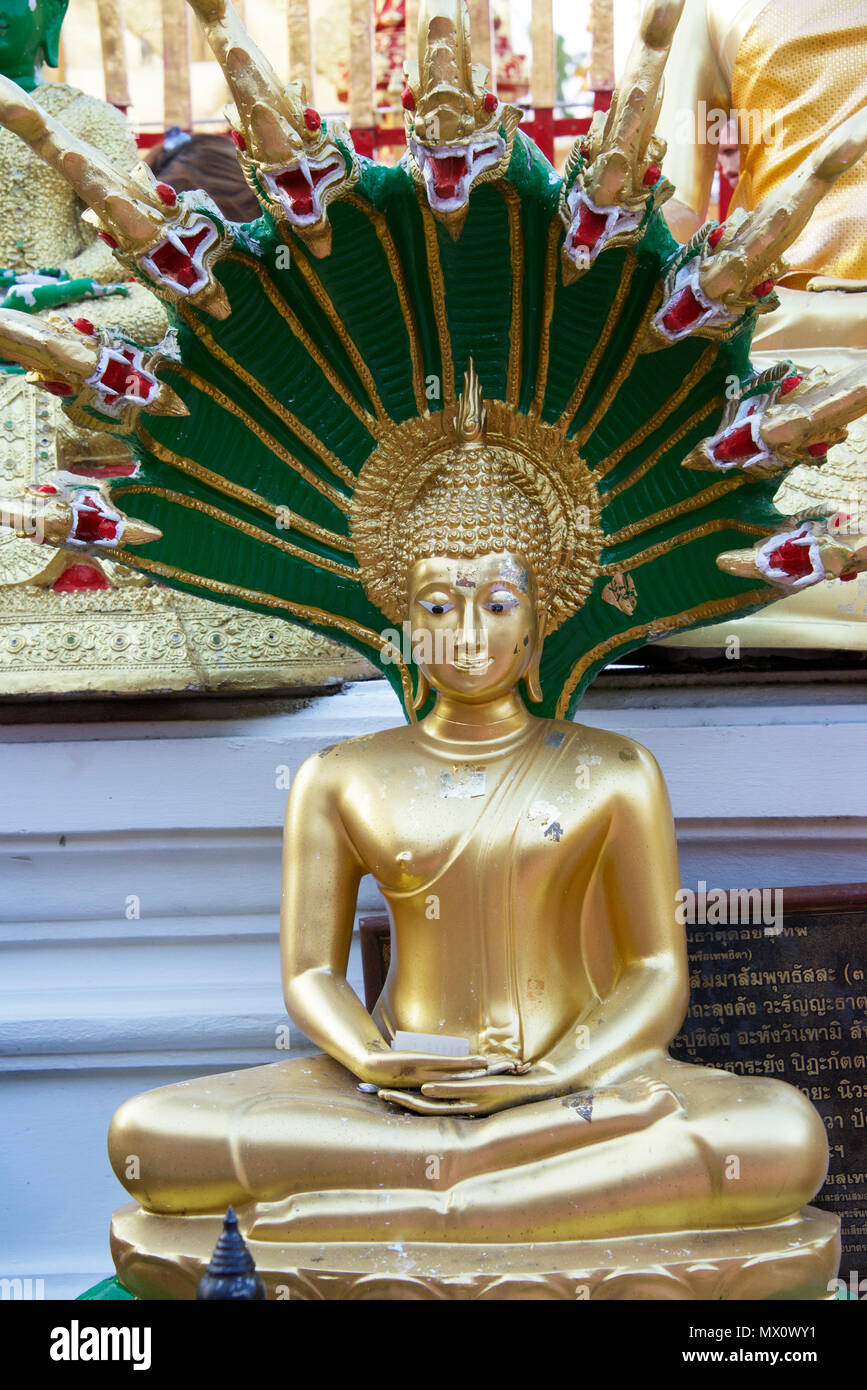 Sitzender Buddha mit Dragon Kopfbedeckungen Wat Phrathat Doi Suthep Chiang Mai Nordthailand Stockfoto