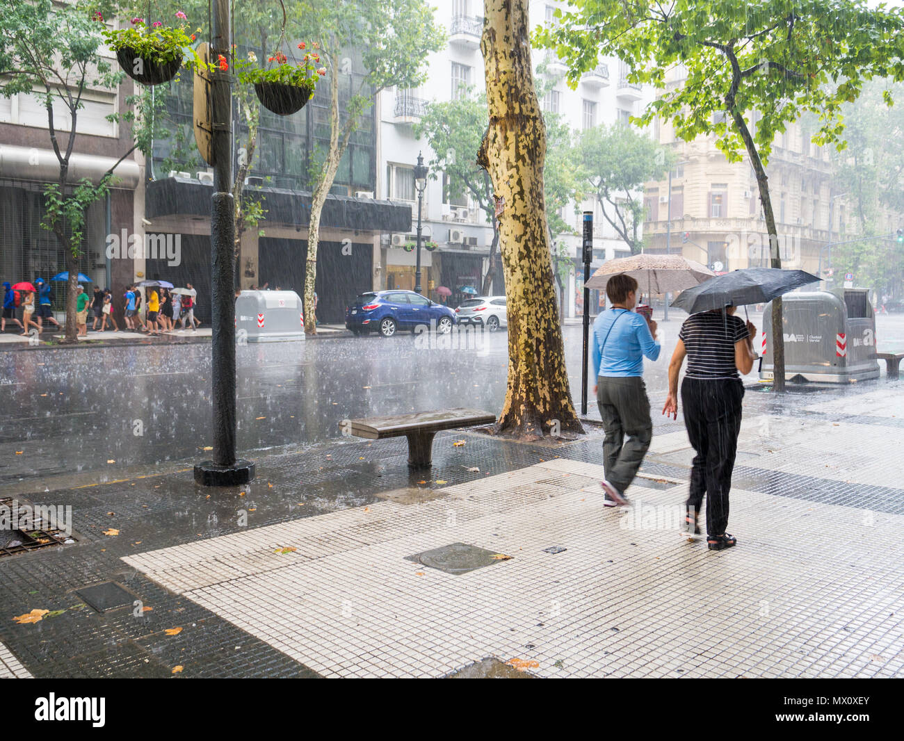 Menschen zu Fuß mit Sonnenschirmen im schweren Regen Sturm auf der Avenida de Mayo im Stadtzentrum Microcentro, Monserrat Bezirk in der Hauptstadt Buenos Aires, Argentinien Stockfoto