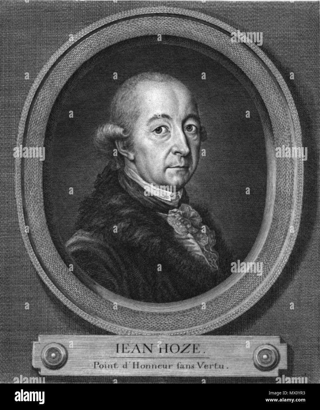 . Deutsch: Johannes Hotze (1734 - 1801), Landarzt von internationalem Ruf in Richterswil. Aus: Johann Kaspar Lavater: Essai sur la Physiognomie (…) 3. Teil, Den Haag 1786, Tafel XXXIV zu S. 294. Motto: "Point d'Honneur sans Vertu' (keine Ehre ohne Tugend). 8 November 2016, 05:29:12. Unbekannt 320 Johannes Hotze Stockfoto