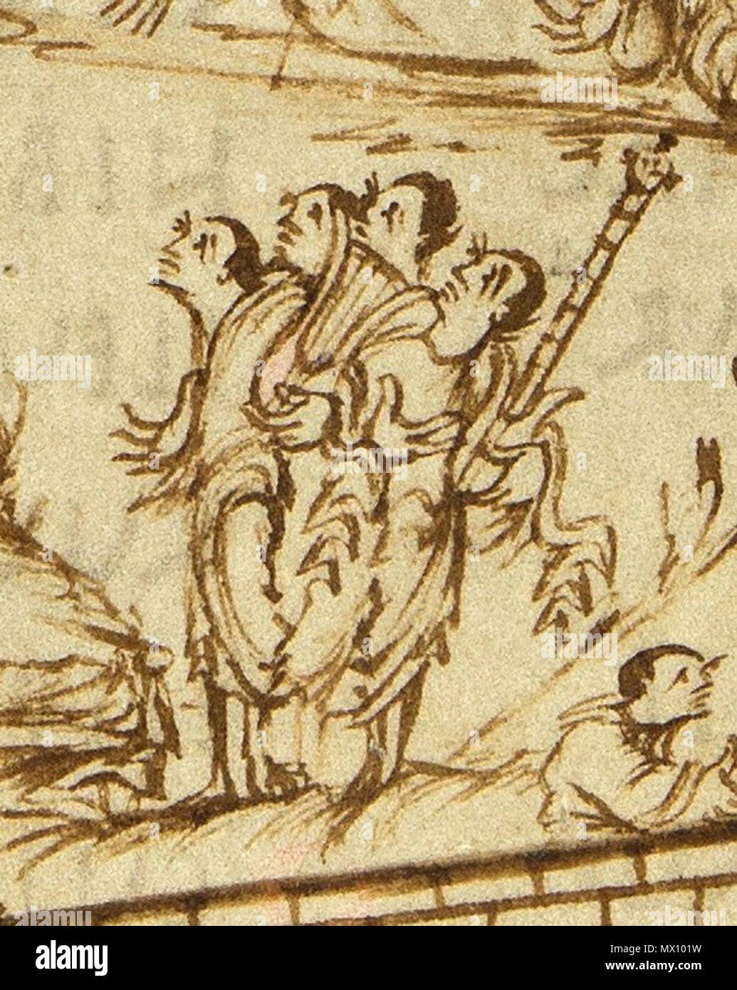 . Englisch: Clipping von Utrecht Psalter, das einen Mann zeigt, die eine cythara (rechts), mit einer Lyra oder kithara. Die Darstellungen des cytharas im Utrecht-psalter haben als Beweis in der Encyclopaedia Britannica 1911, dass die Gitarre von Änderung der Kithara - Leier entwickelt wurde. 1. Januar 850. Unbekannt 624 Utrechts-Psalter Psalm-145-PS-146 Leier und cythara Stockfoto
