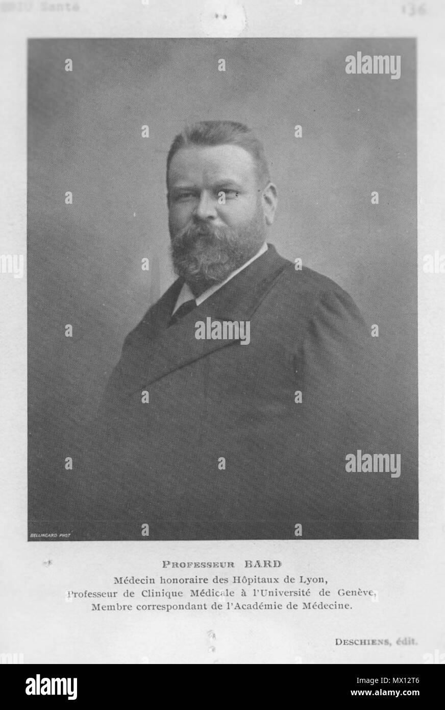 . Français: Collection de Porträts Réf. Bild: CIPH 0136 Professeur Bard S.d. Cote: CIPH 0136 Editeur: Deschiens Photographe: Bellingard Technik: Impr. photomécanique - Similigravure Fiches bio-bibliographiques: BARD (Louis Jean)-Adresse permanente de cette Image: http://www.biusante.parisdescartes.fr/histmed/image?CIPH0136. 12 Mai 2015, 14:14:51. Photographe: Bellingard 503 Professeur Louis Bard Stockfoto