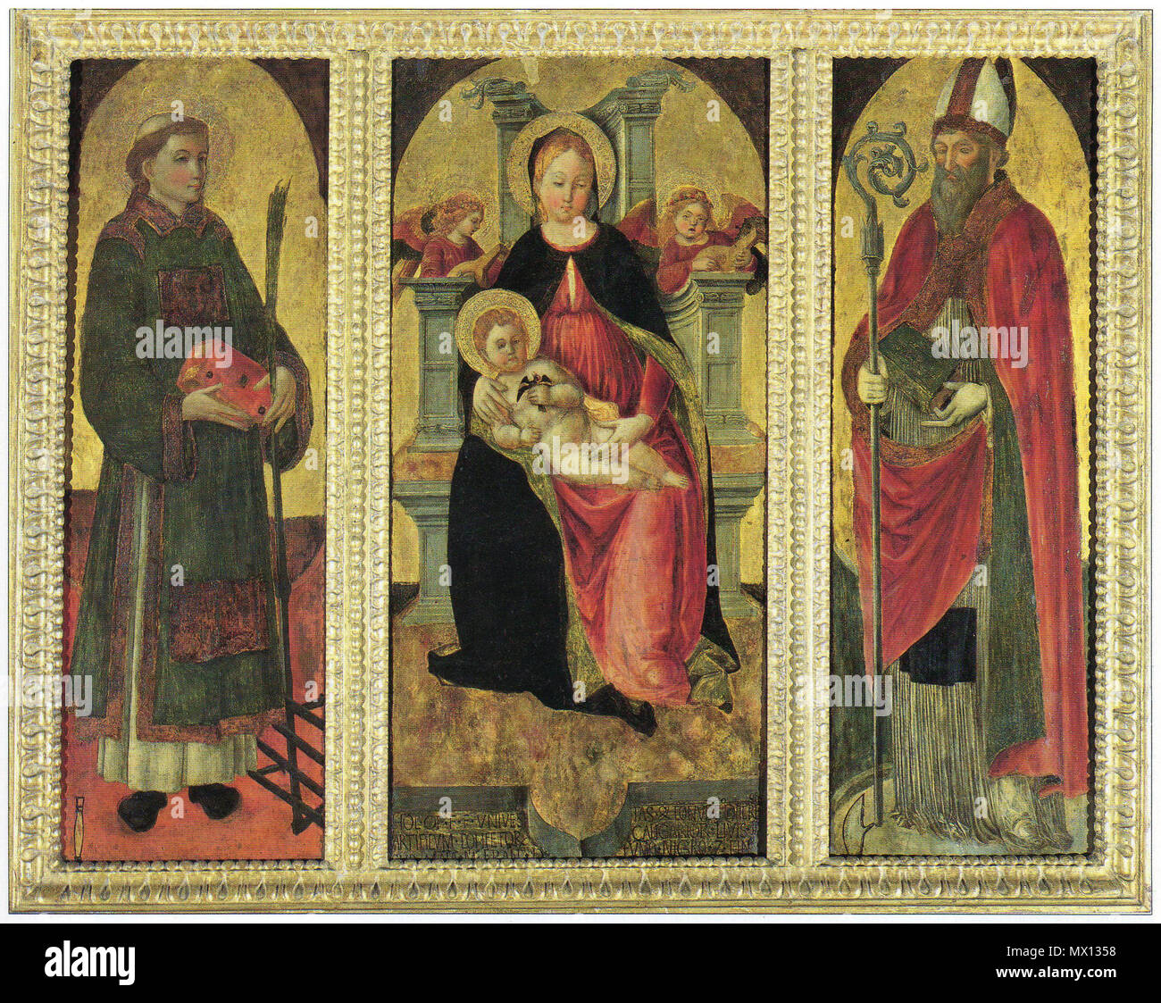 . Madonna mit Kind und Heiligen Laurentius und Augustinus. Italiano: Madonna col bambino Tra i Santi Lorenzo e Agostino, Paolo da caylina Il Vecchio, Brescia. 1460. RobyBS 89 386 Madonna col bambino Tra i Santi Lorenzo e Agostino Stockfoto