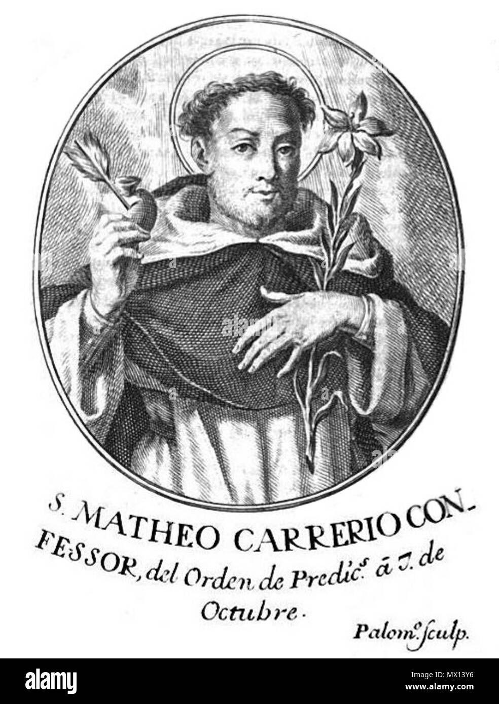 . Englisch: Eine Gravur des Seligen Matthew Carrieri von Juan Bernabé Palomino y Fernández de la Vega, ein Spanischer Stecher (1692-1777). 28 August 2011, 14:04:36. Juan Bernabé Palomino 77 Beato Mateo Carreri Stockfoto