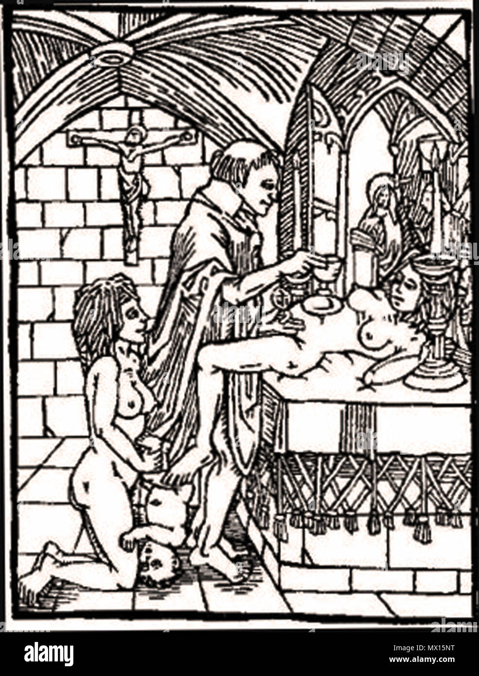 . Français: Messe noire, Gravure sur Bois du XVIe siècle. Vom 3. Dezember 2011. Unbekannte XVIe s86 Schwarze Messe, 01. Stockfoto