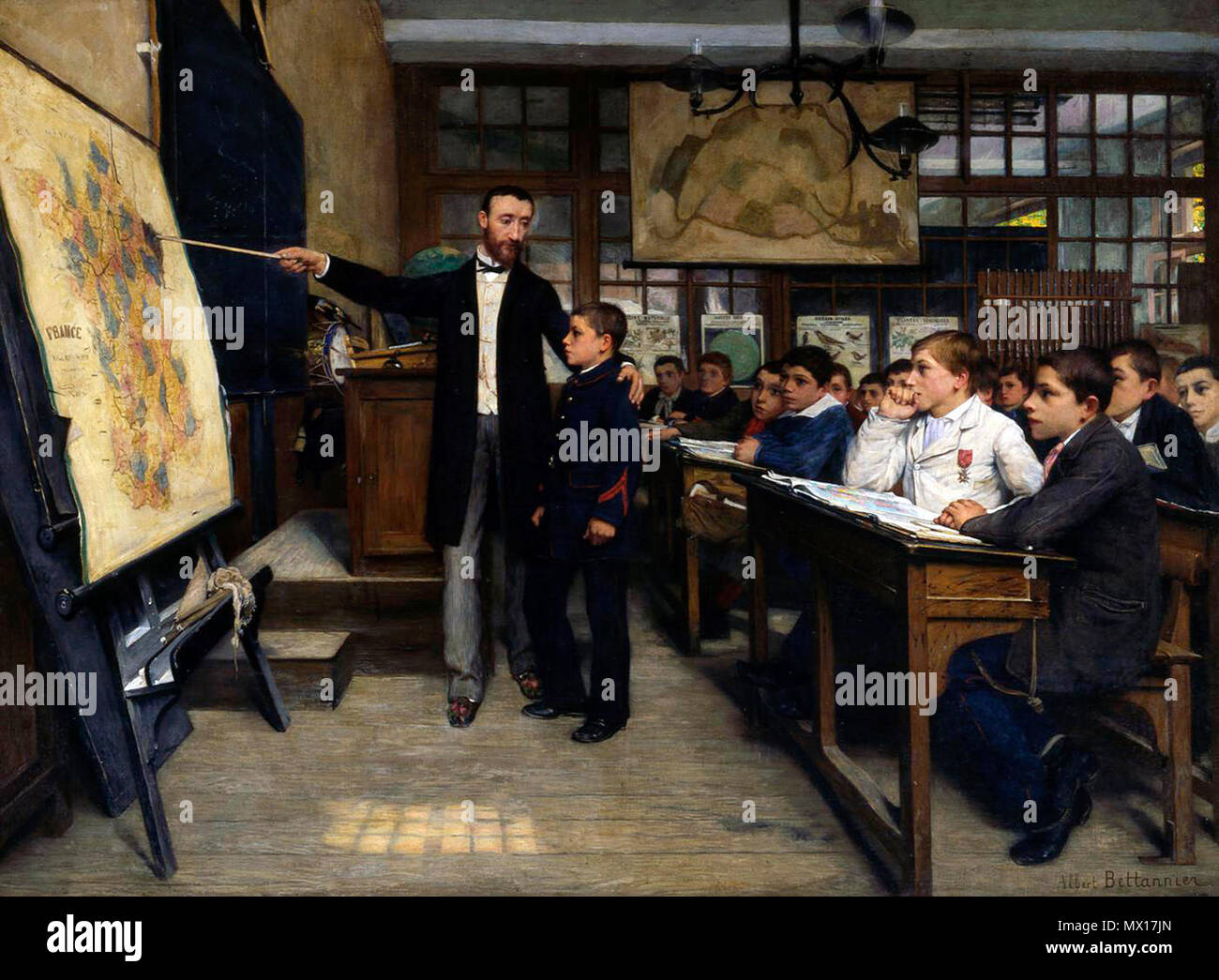 . Nederlands: Schilderij met Elzas en Lotharingen als 'zwarte Plek". In het Schule staan een militaire Sinner en een rek met Wapens. Français: Albert Bettannier, La tache Noire, 1887. En plus de l'instruction civique (Moral et qui remplace Les Cours d'] Moral et Religieuse), la loi de 1882 en France met en place "pour les Garçons de Übungen militaires" (et "pour les filles, Les travaux à l'Aiguille"). Sur le tableau, auf Remarque l'Alsace-Moselle en Noir, l'uniforme de l'élève, celui du Bataillon scolaire de Son école, la Croix du Mérite scolaire de l'Élève - modèle, Le Tambour Stockfoto