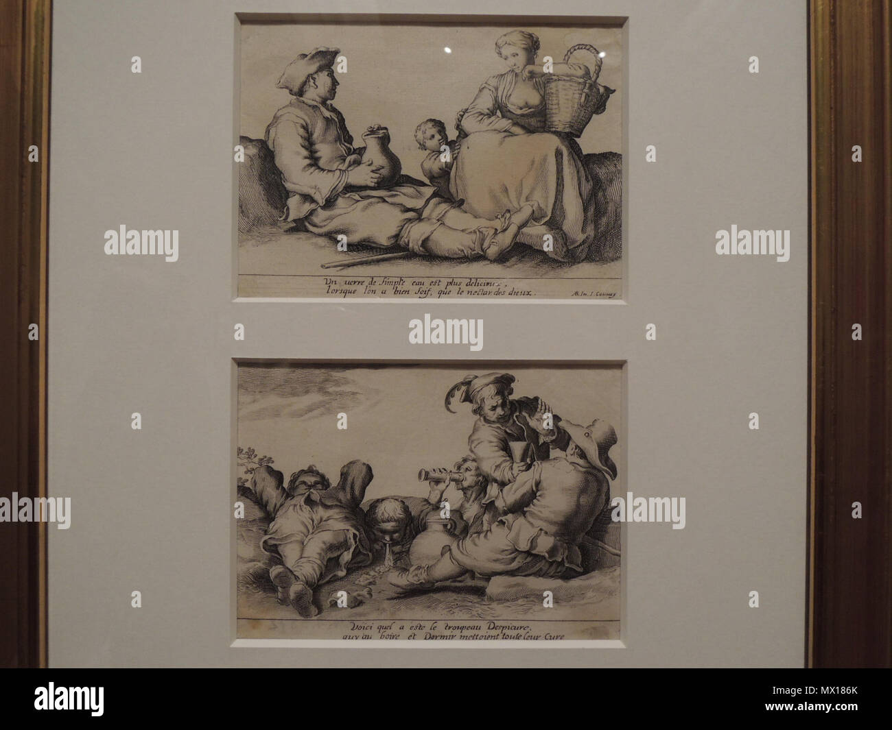 . Français: En Haut: Jean Couvray d'après Abraham Bloemaert, Famille de Paysans, eau-forte et Burin 10,6 x 15 cm, Sammlung de Robien inv 794.1.4871 En Bas: Anonyme XVIIe Indolents et paresseux, 10,6 x 15,1 cm, Sammlung de Robien inv 794.1.3872. 6 März 2016, 14:50:08. Siehe Beschreibung 202 Famille de paysans et Indolents et paresseux Stockfoto