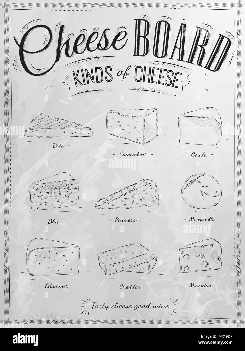 Poster Set von Käse mit verschiedenen Käsesorten: Parmesan, Mozzarella, Brie, Camembert, Gouda, Maasdamer, Cheddar, genannt Käseplatte in retro Styl Stock Vektor