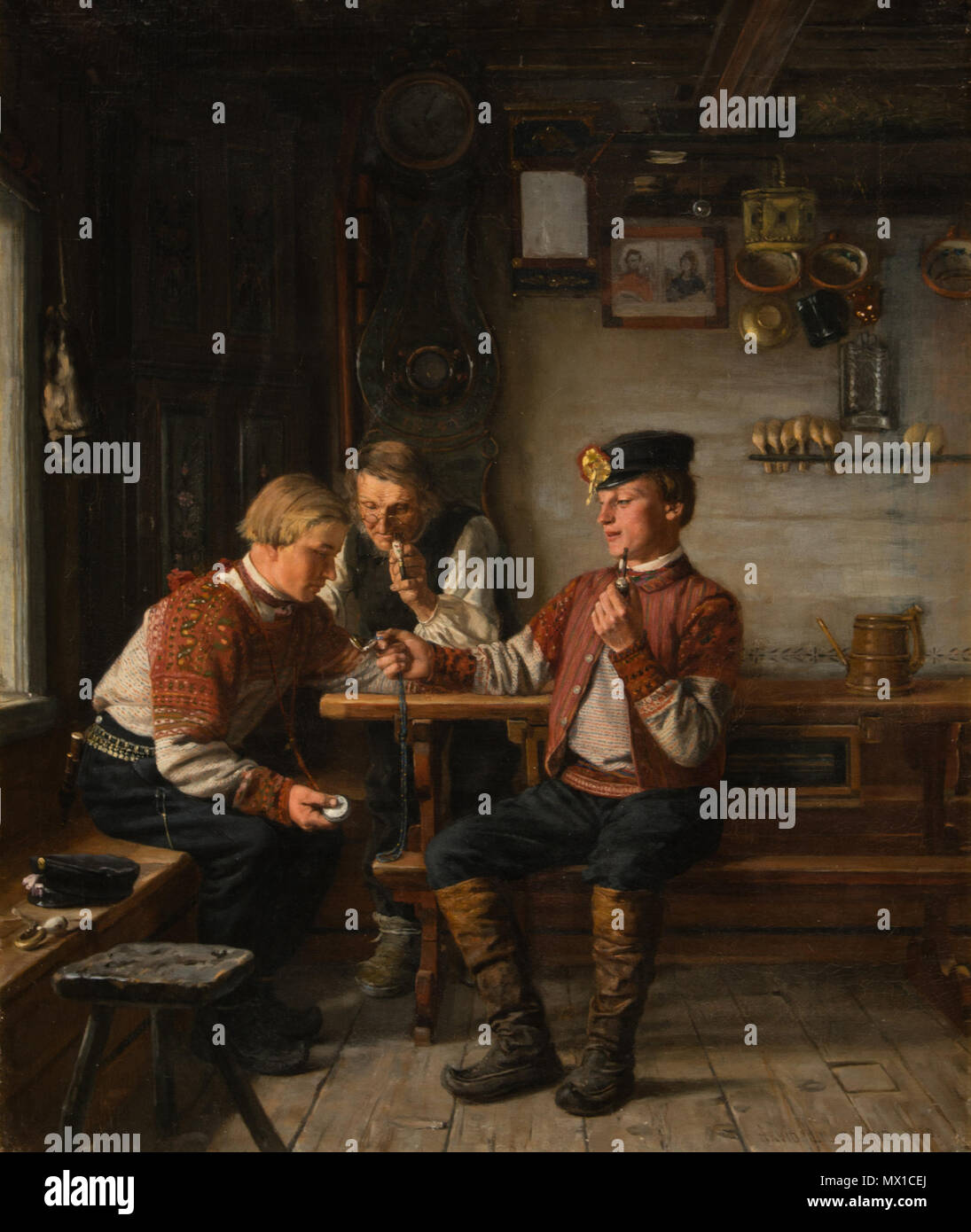 . Englisch: Austausch von Uhren. Öl auf Leinwand, 74 x 62 cm. Austausch von Uhren ist eine der wichtigsten Gemälde Arvid Liljelund auf einem ostbottnische Thema. Der Künstler machte zahlreiche Sommer Gemälde Ausflüge in das ostbottnische Küste, die noch eine kulturelle Region unbekannt für die Öffentlichkeit zu dieser Zeit. Als seine Malerei Lage im Sommer 1880, Liljelund wählten über 30 Meilen südlich der Stadt Vaasa in der Siedlung von Korsnäs, wo die Leute noch bekannt waren bunte festliche Tracht zu tragen, um zu arbeiten. In diesem Sommer stellte sich heraus, dass einer seiner besten kreativen p Stockfoto