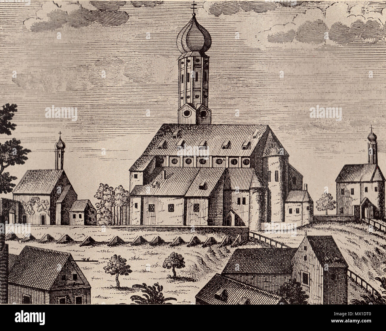 . English: "St. Veit bei Freising. Die 1803 abgebrochene Stiftskirche mit der Marien- (rechts) und der loretokapelle (links). Nach einer Zeichnung von Joh. Deyrer, gest. [ochen] von J. Klaubner". Vor 1803. Johann Baptist Deyrer (1738 - 1789) Beschreibung Deutsche Maler Geburtsdatum / Tod 1738 19. August 1789 Ort der Geburt Ingolstadt Authority control: Q 1692511 VIAF: 28141000 GND: 129101893 (Zeichnung); J. Klaubner (Gravur) 572 St. Veit bei Freising vor 1803 Stockfoto