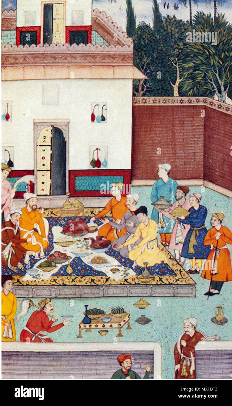 . Englisch: ein Bankett für Babur, 1507; in einem Gemälde von c. 1590 Quelle: "Gulbadan: Porträt einer Rose Princess an der Mughal Gericht' von rumer Godden (New York: Viking Press, 1980), S. 57; Scan von FWP, Sept. 2001 'Miniature von British Library Babur-nama, C.1590 (oder. 3714, w. 260 b). Ein Bankett einschließlich gänsebraten für Babur durch die mirzas in 1507.' (Gulbadan, S. 15). ca. 1590. Unbekannt 19 ein Bankett für Babur Stockfoto