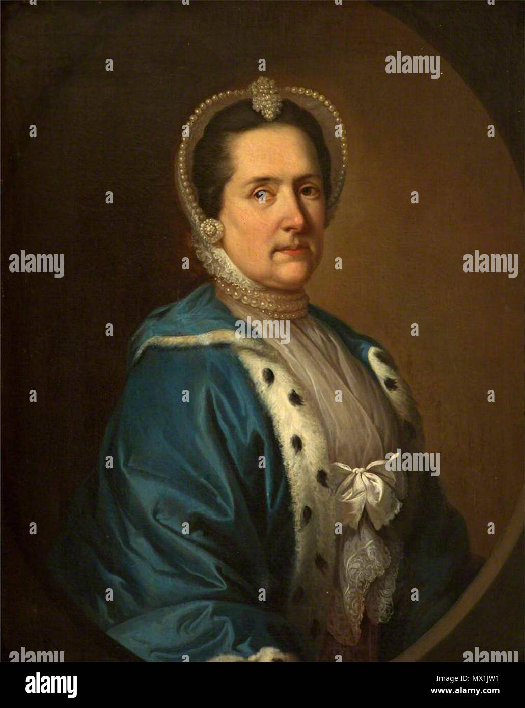 Englisch: Portrait von Anne St. Lo, Frau Malet. Halbe Länge, trägt ein  blaues Kleid über eine