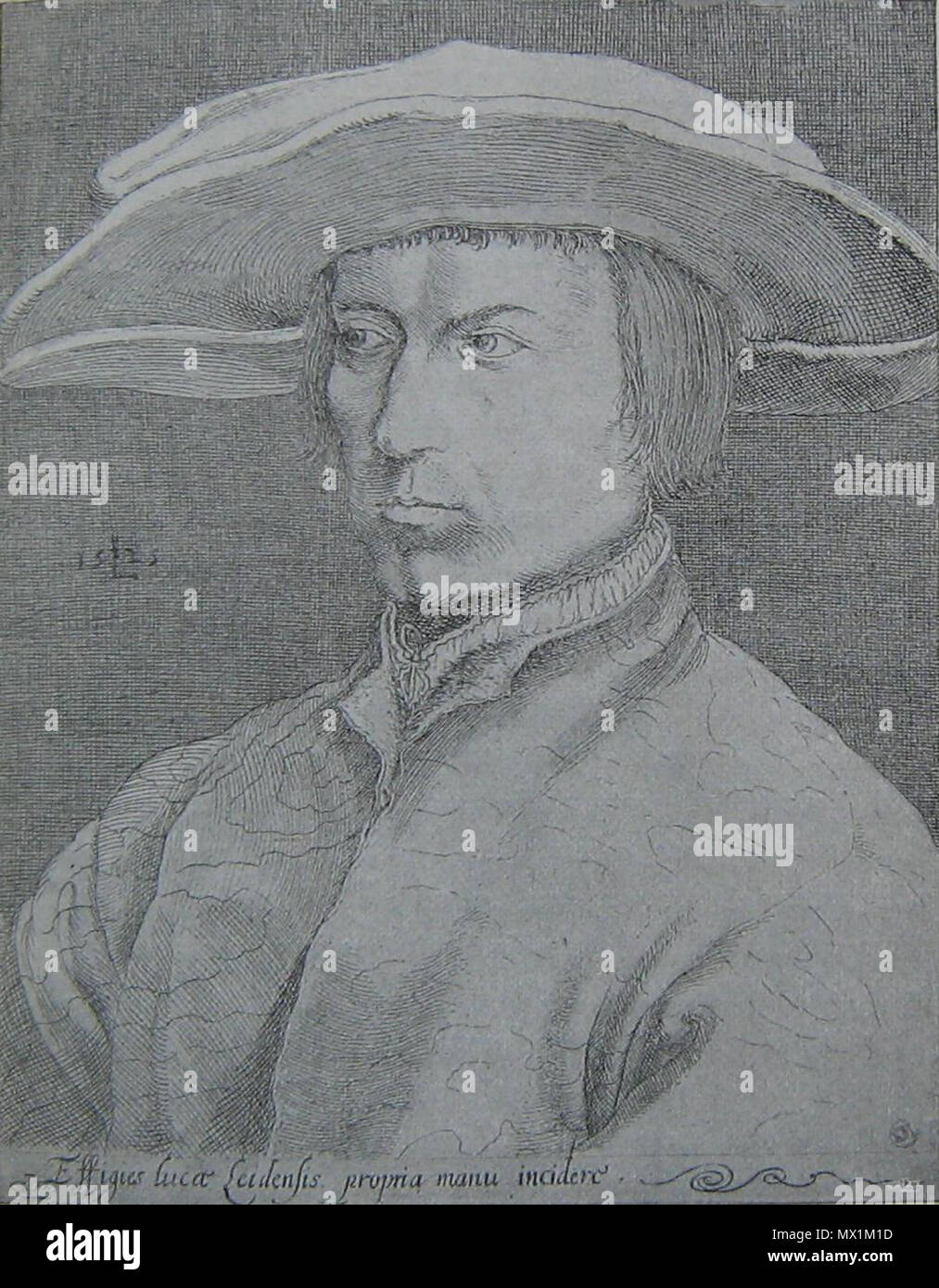 . Svenska: Lucas van Leyden, självporträtt som kopparstick, 1525. 16. März 2012. Lucan van Leyden, kopparstick 1525 383 LvanLeyden Stockfoto