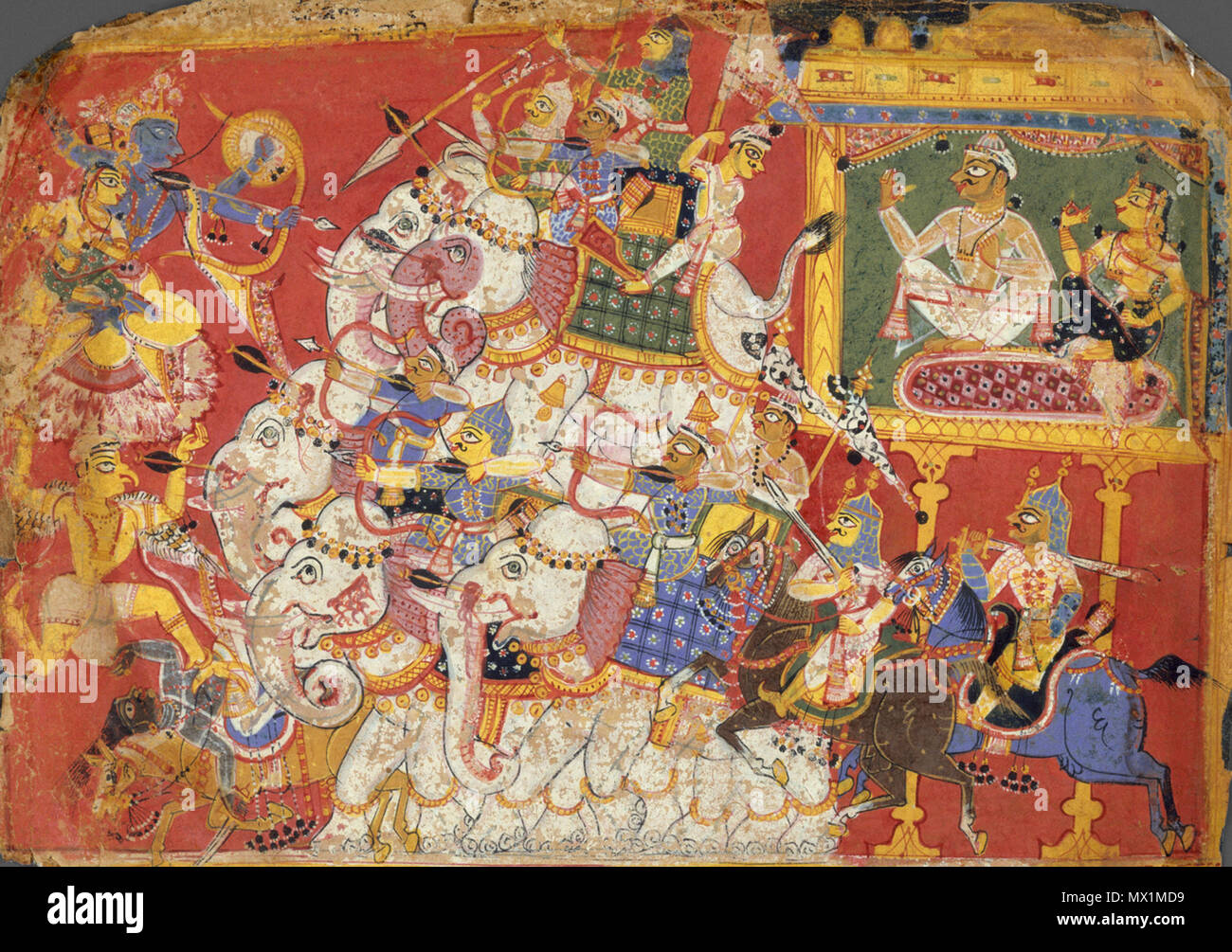 . Krishna Schlachten die Armeen der Dämon Naraka: Seite aus einem verteilten Bhagavata Purana (alte Geschichten von Lord Vishnu) Die Bhagavata Purana beschreibt die Vishnu Avatare (Erscheinungsformen), Krishna, der bedeutendste. Der Dämon Naraka und seine Gemahlin werden angezeigt (oben rechts) sitzen in der befestigten Stadt Pragyotisha. Krishna und seine Gefährtin Satyabhama sind an der oberen linken Reiten auf Garuda (die solar Vogel Berg von Vishnu), "wie eine Wolke mit Blitz oberhalb der Sonne." Die hierarchische Organisation von diesem Gemälde stellt Krishna und Naraka, während das schwankende Elefanten Stockfoto