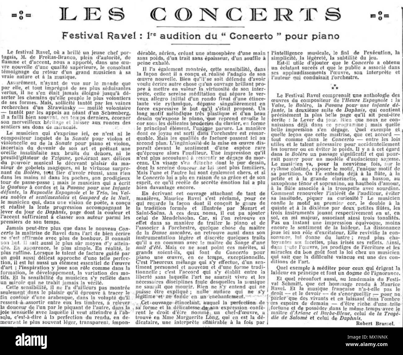 . Français: Kritik parue dans le Figaro le 18 janvier Suite 1932 au Festival Ravel du 14 janvier Précédent, au Cours duquel fut créé Le Concerto en Sol majeur de Maurice Ravel. 10 Mai 2016, 14:31:54. Robert Brussel (1874-1940), Dans Le Figaro 147 Kritik concerto Ravel Figaro 18 Jan 1932 Stockfoto