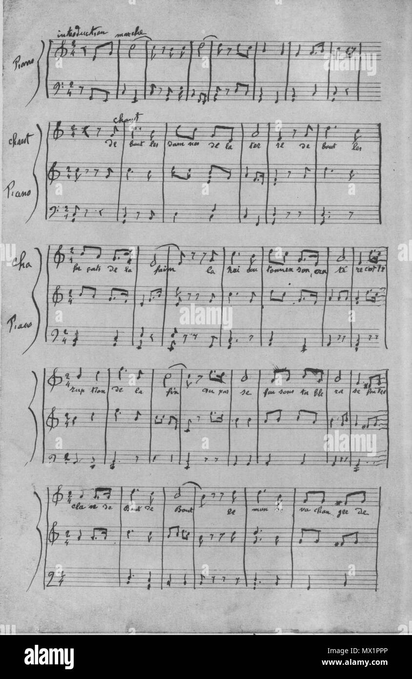 . English: faksimileausgabe der zweiten Seite eines Autogramme von Pierre Degeyter, mit Sicherheit / 1906 trotz der Jahreszahl fait à Lille 1888 in handschriftlicher Aufzeichnung vom Komponisten. Version für Gesang und Klavier. Das Original befand sich im Institut für Marxismus-Leninismus beim ZK der SED in Berlin. Heutiger Aufenthaltsort nicht bekannt. Deutsch: Das original Der faksimile der Internationale wurde im Institut für Marxismus-leninismus der Sozialistischen Einheitspartei Deutschlands. Accourding zum Titel Seite Es ist eine Anordnung für Stimme und Klavier, eine handgeschriebene Kopie mad von Th Stockfoto