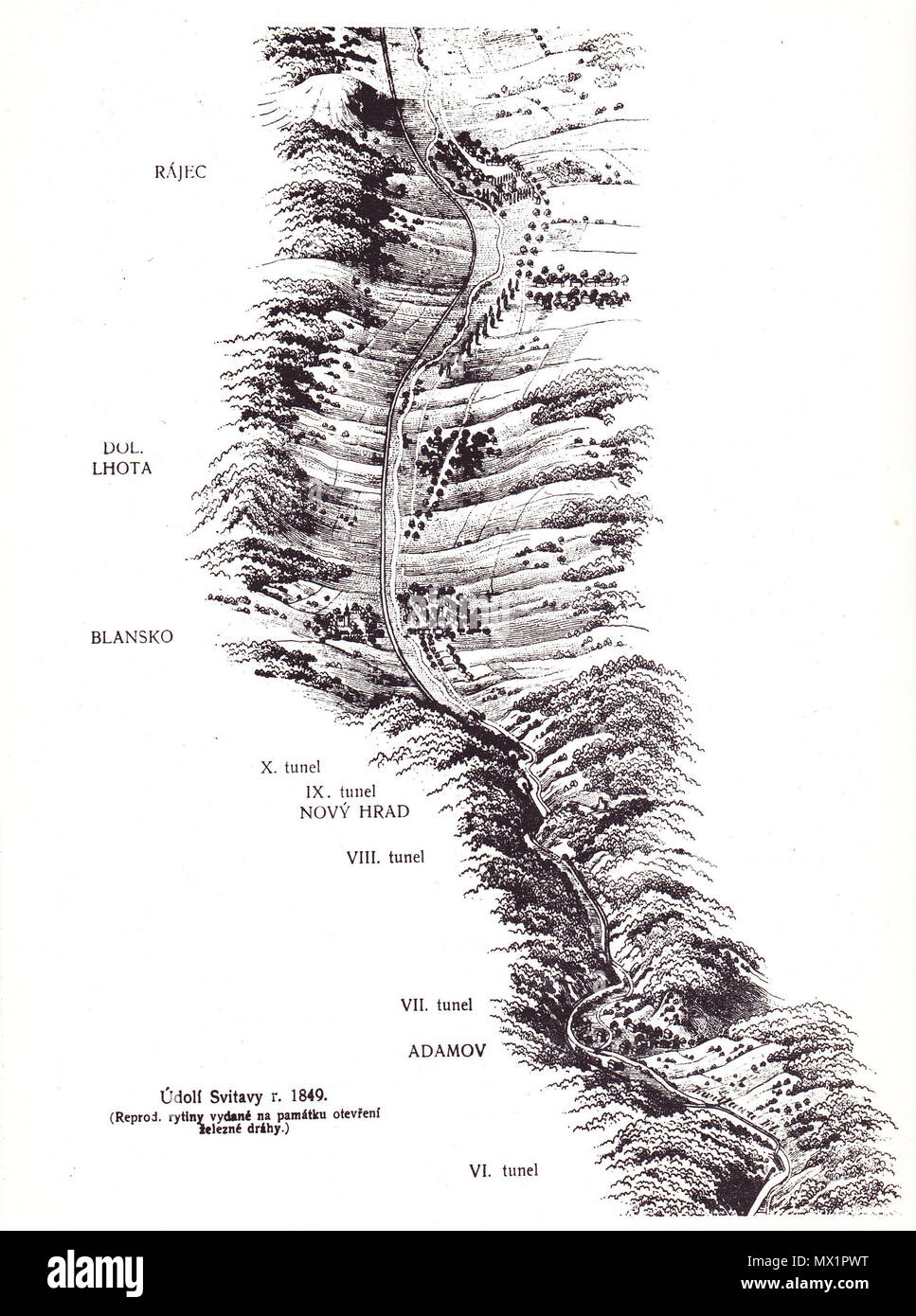 . Čeština: Reprodukce rytiny vydané na památku otevření železniční dráhy. 1 Mai 2012, 09:40:50. Unbekannt 511 Bahnstrecke Adamov-Rajec 1849 Stockfoto