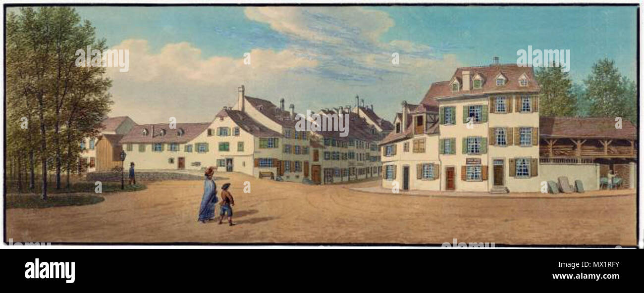 . English: Blick vom Aeschenplatz Aeschenvorstadt in sterben Sie, links Häuser Nr. 74 - 60 [von links nach rechts], dsub Häuser Aeschenplatz Aeschenvorstadt 79 und 1 und 3. 18,0 x 48,2 cm. Technik: Aquarell. 24. Mai 1862. Johann Jakob Schneider 319 Johann Jakob Schneider 072 Stockfoto