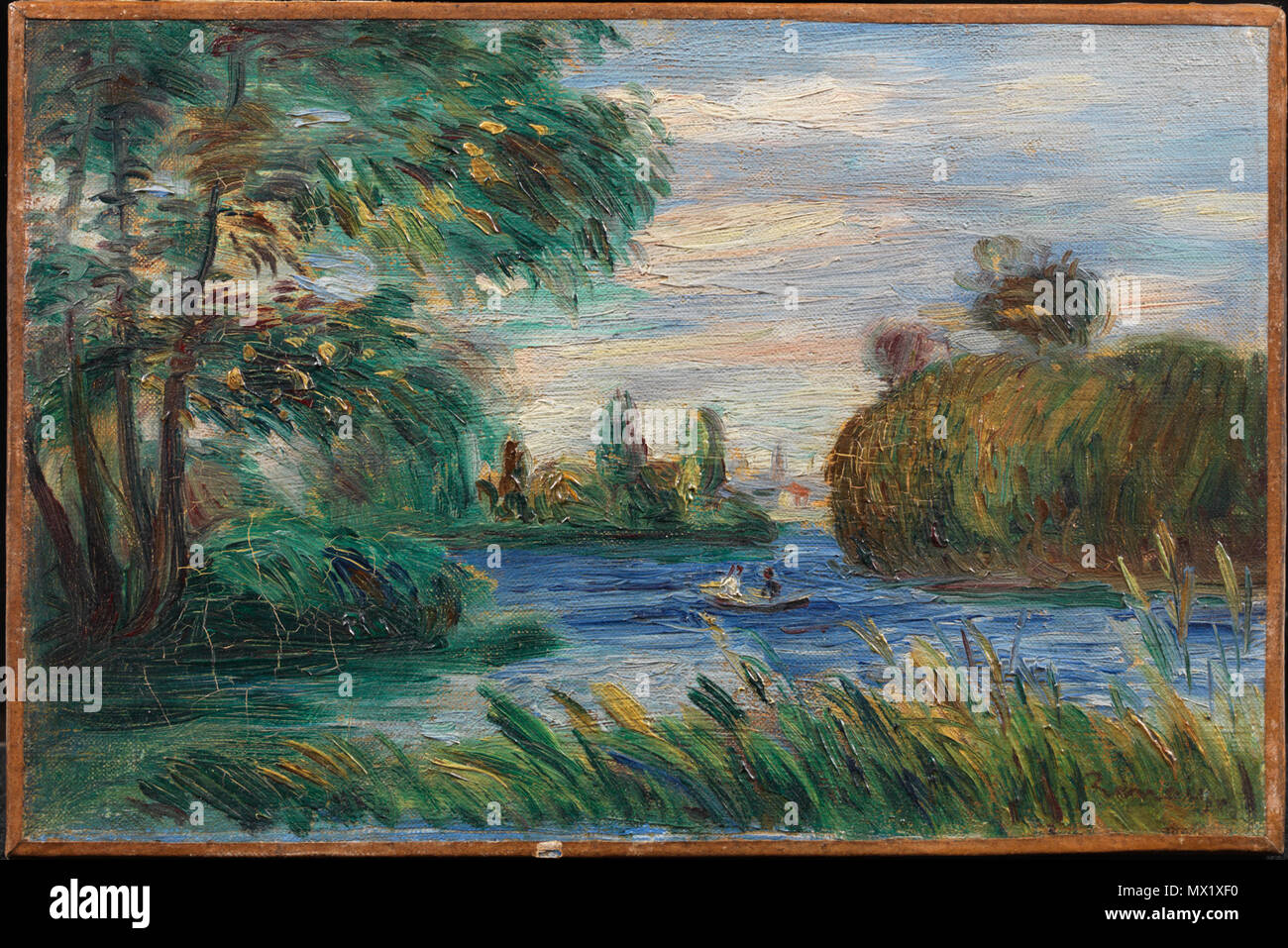 . Englisch: Pierre Auguste Renoir, Französisch, 1841 - 1919 Fluss Landschaft Öl auf Leinwand 16 x 24,2 cm. (6 5/16 x 9 1/2 in.) Rahmen: 32,5 × 40 × 6,4 cm (12 13/16 x 15 3/4 x 2 1/2 in.) Gabe von J.Lionberger Davis, Klasse von 1900 y 1968-1. Vor 1919 11 1887, Renoir, Flusslandschaft Stockfoto