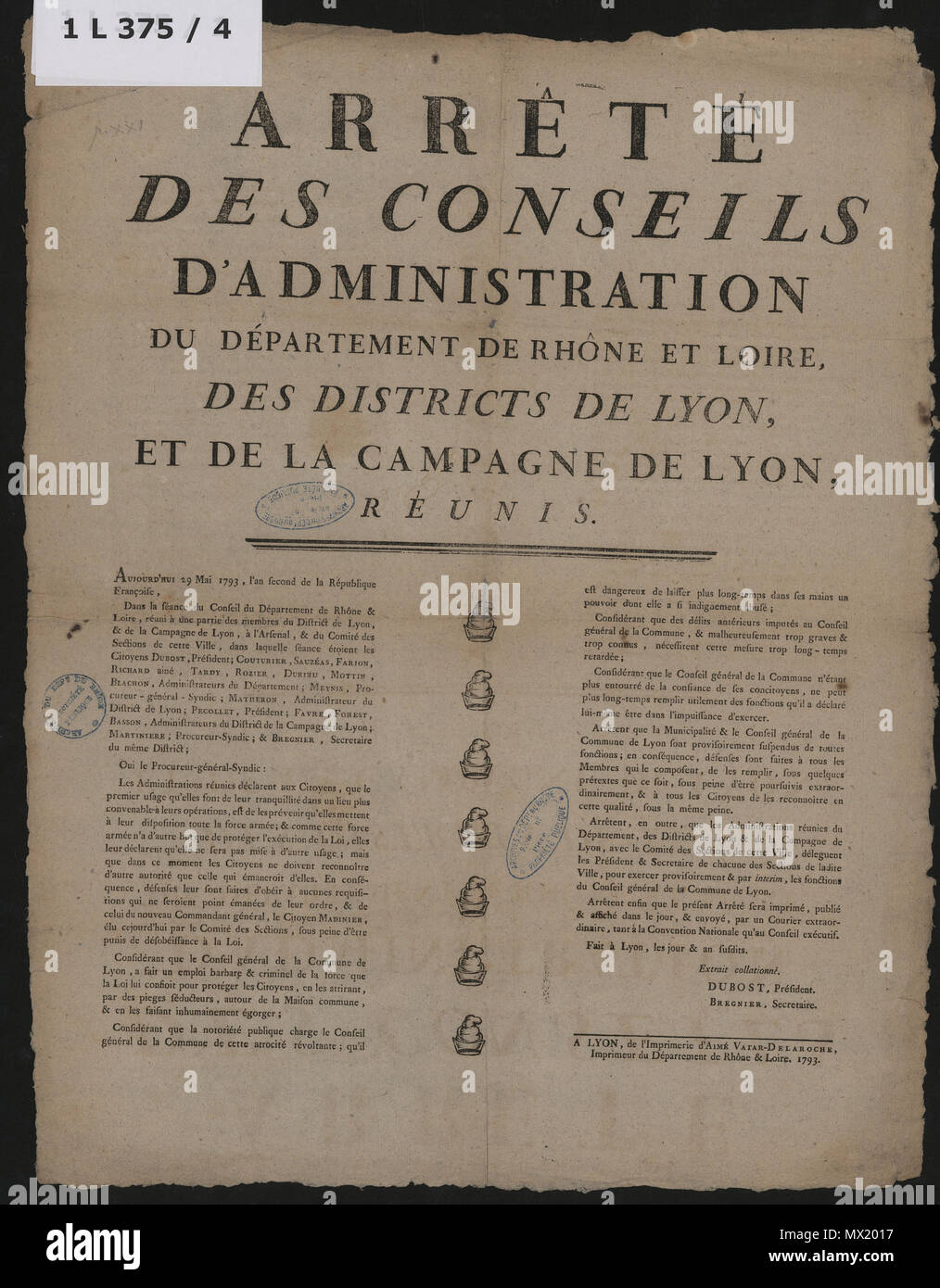 58 Arrêté de suspension des autorités locales Suite à la révolte de la Ville de Lyon, 21. Mai 1793 Stockfoto
