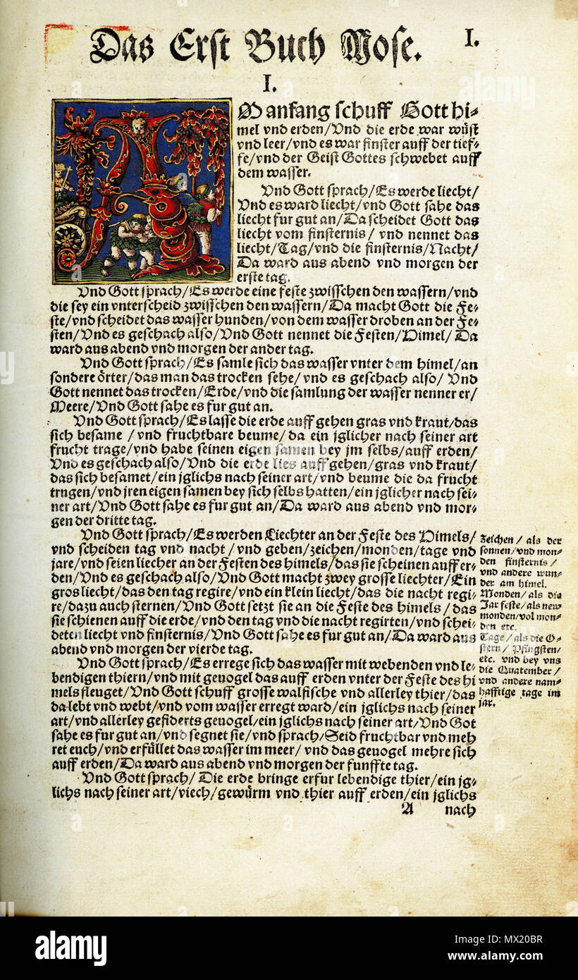 . Deutsch: Das Öffnen der Seite des Buches Genesis in Martin Luthers Bibelübersetzung von 1534, herausgegeben von Hans Luft. 1534. Veröffentlicht von Hans Luft, 1534 382 Luther 1534, Genesis I Stockfoto