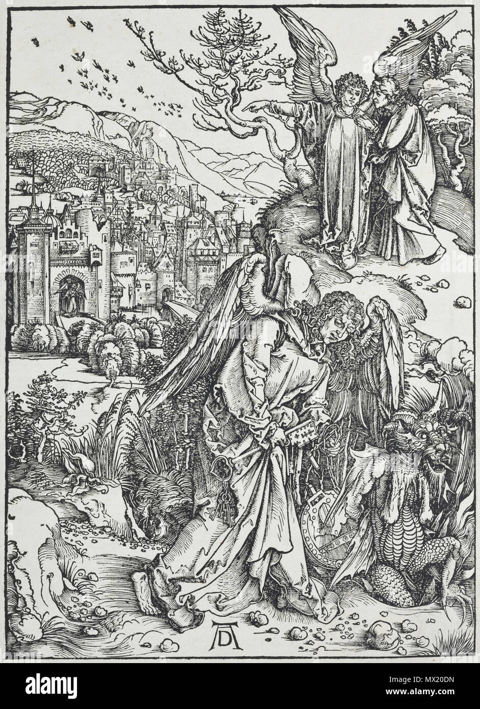 5 16. Albrecht Dürer, Apokalypsa, XIV. Anděl ukazující Sv. Janovi Nový Jeruzalém, Národní galerie v Praze Stockfoto