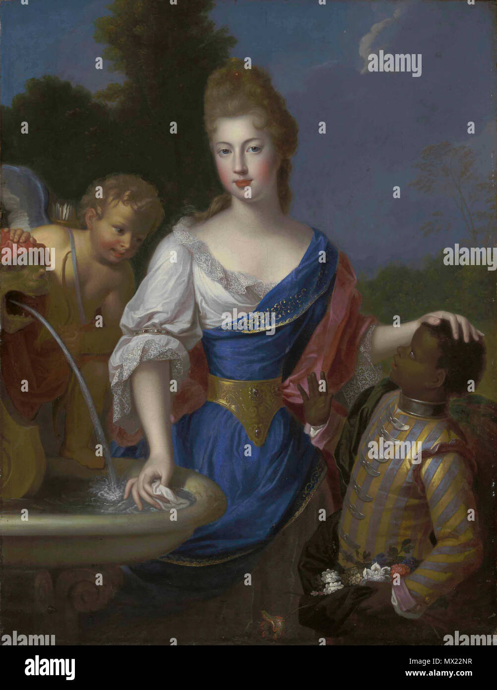 . Bildnis einer Dame, drei - Viertel - Länge. Traditionell als Louise Bernardine de Durfort, Herzogin von Duras (1678-1747), mit Amor und eine Seite, die durch einen Brunnen 483 Pierre Gobert Bildnis einer Dame drei - Viertel - Länge traditionell-id Identifiziert Stockfoto